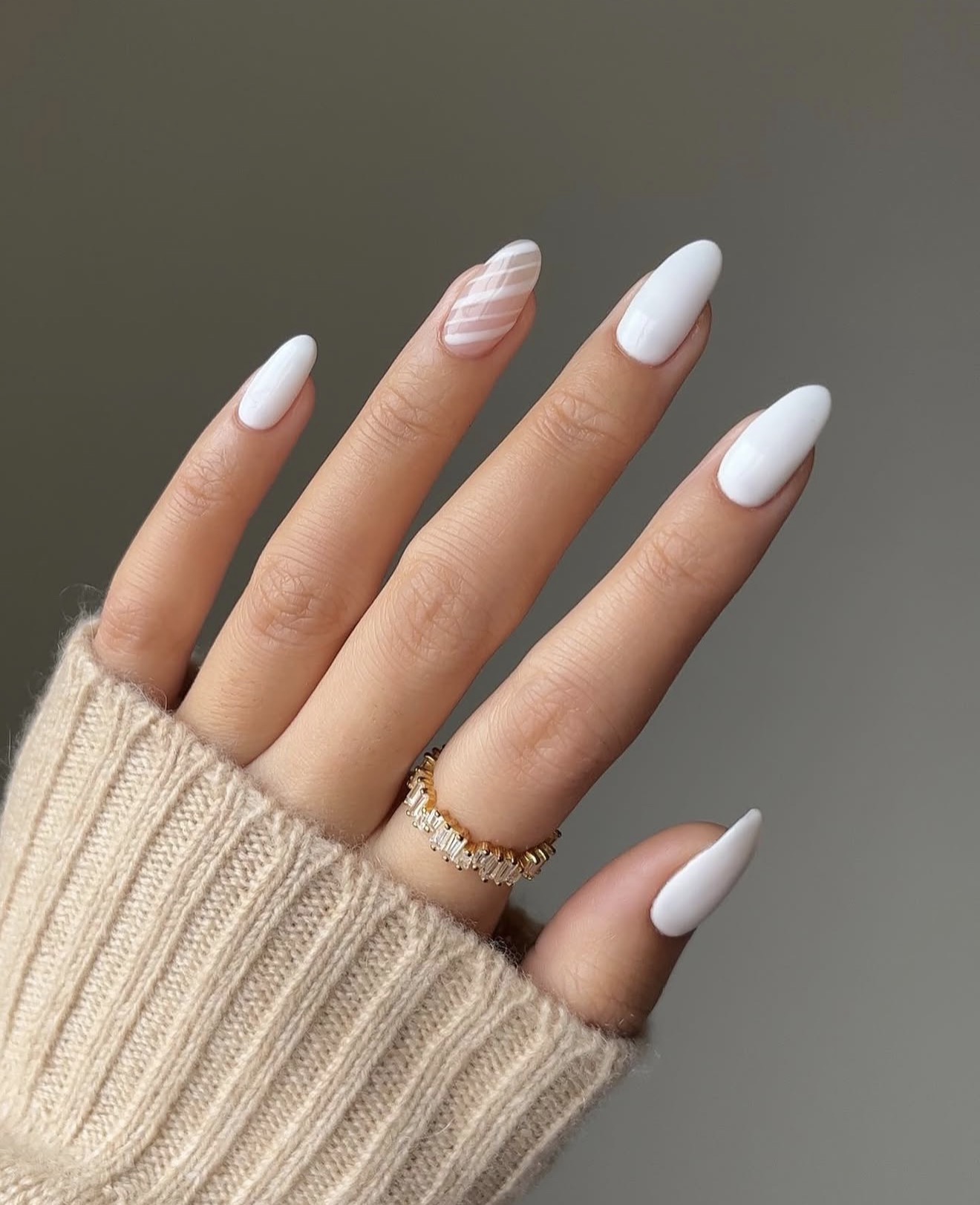 Glossy White Almond Nails With Subtle Stripes