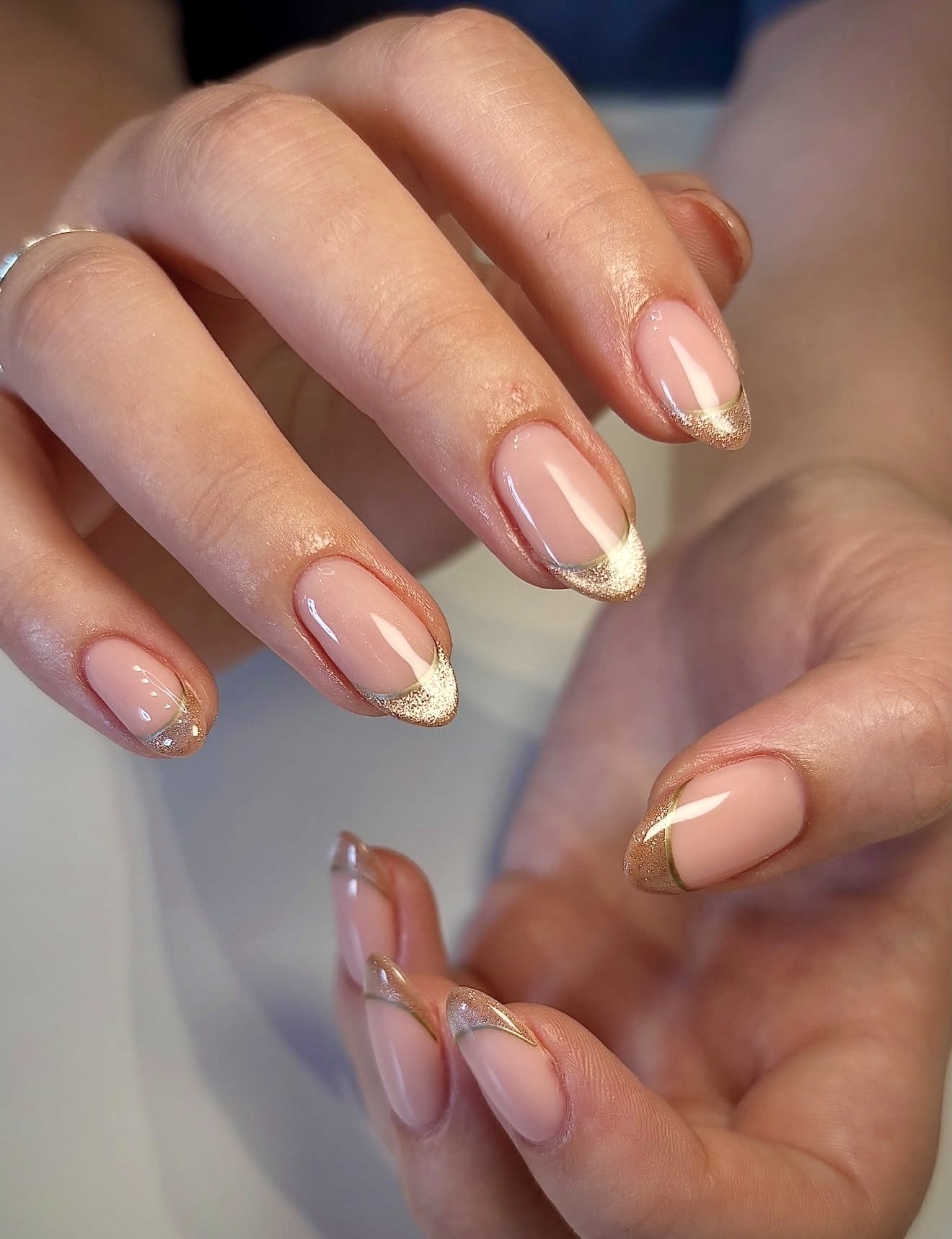 Golden Sparkle French Tip Oval Nails