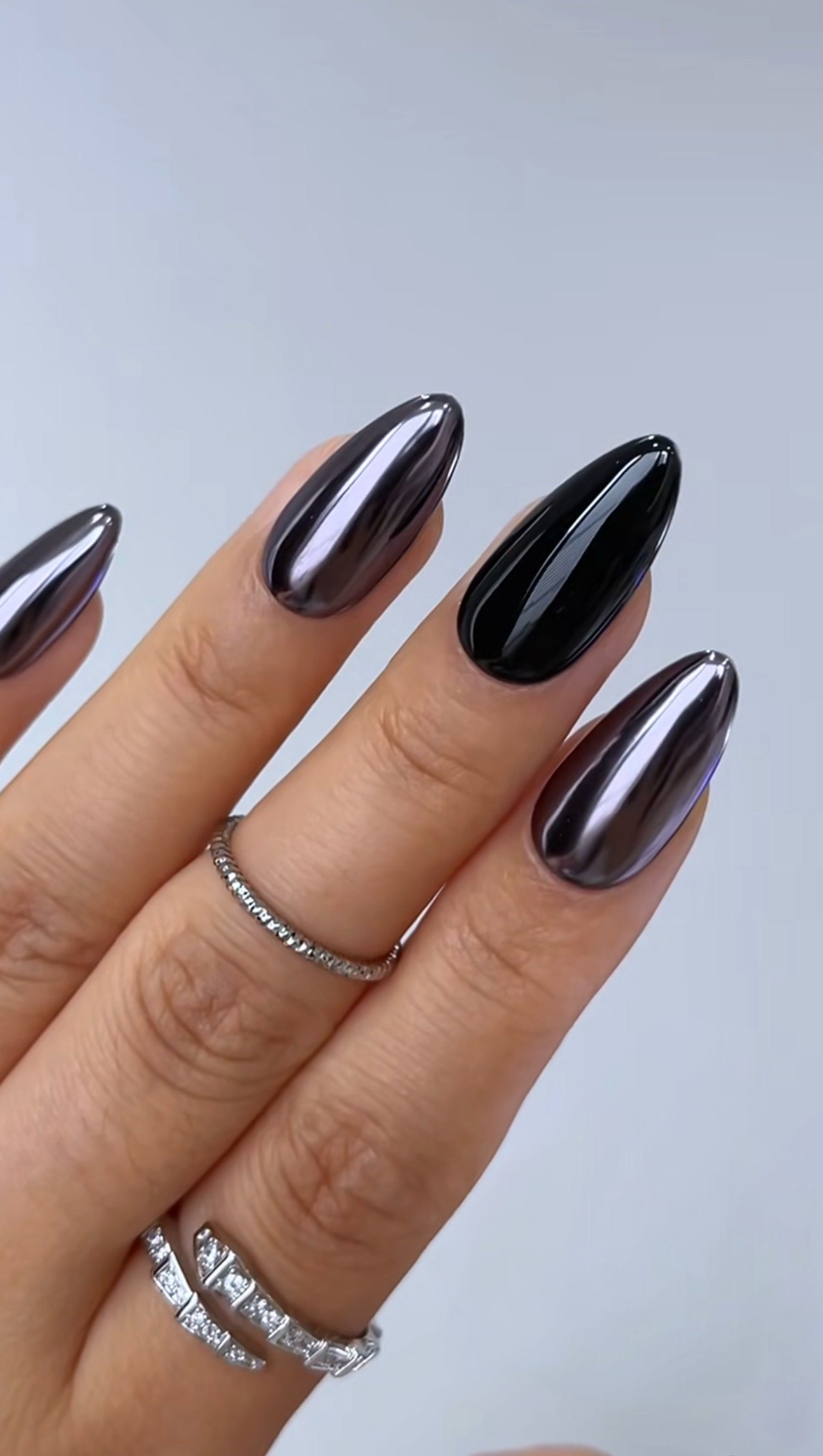 Gunmetal Chrome and Black Almond Nails