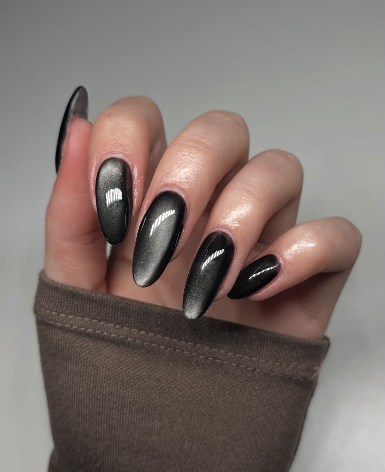 Gunmetal Grey Cat Eye Stiletto Nails