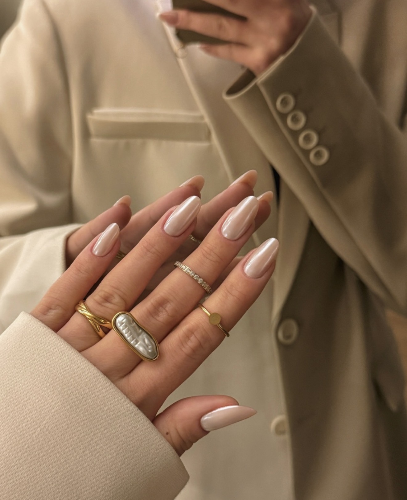 Iridescent Pearl Chrome Almond Nails