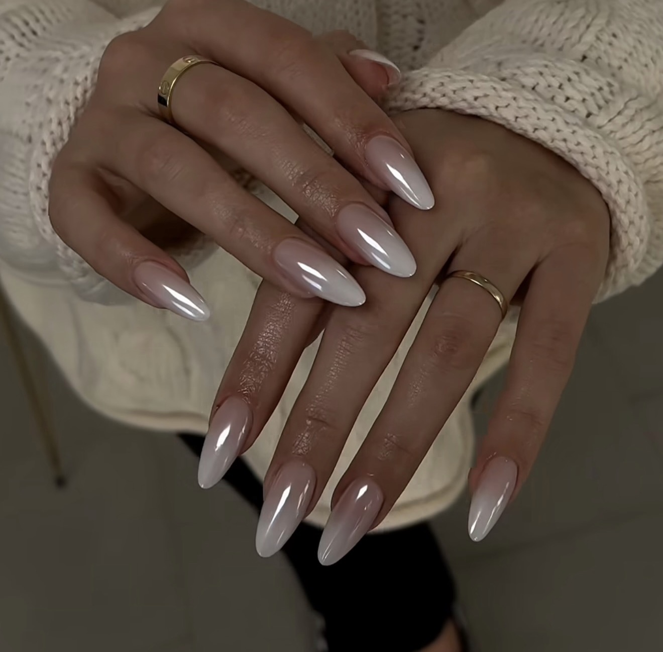 Ivory Chrome Ombre Almond Shaped Nails