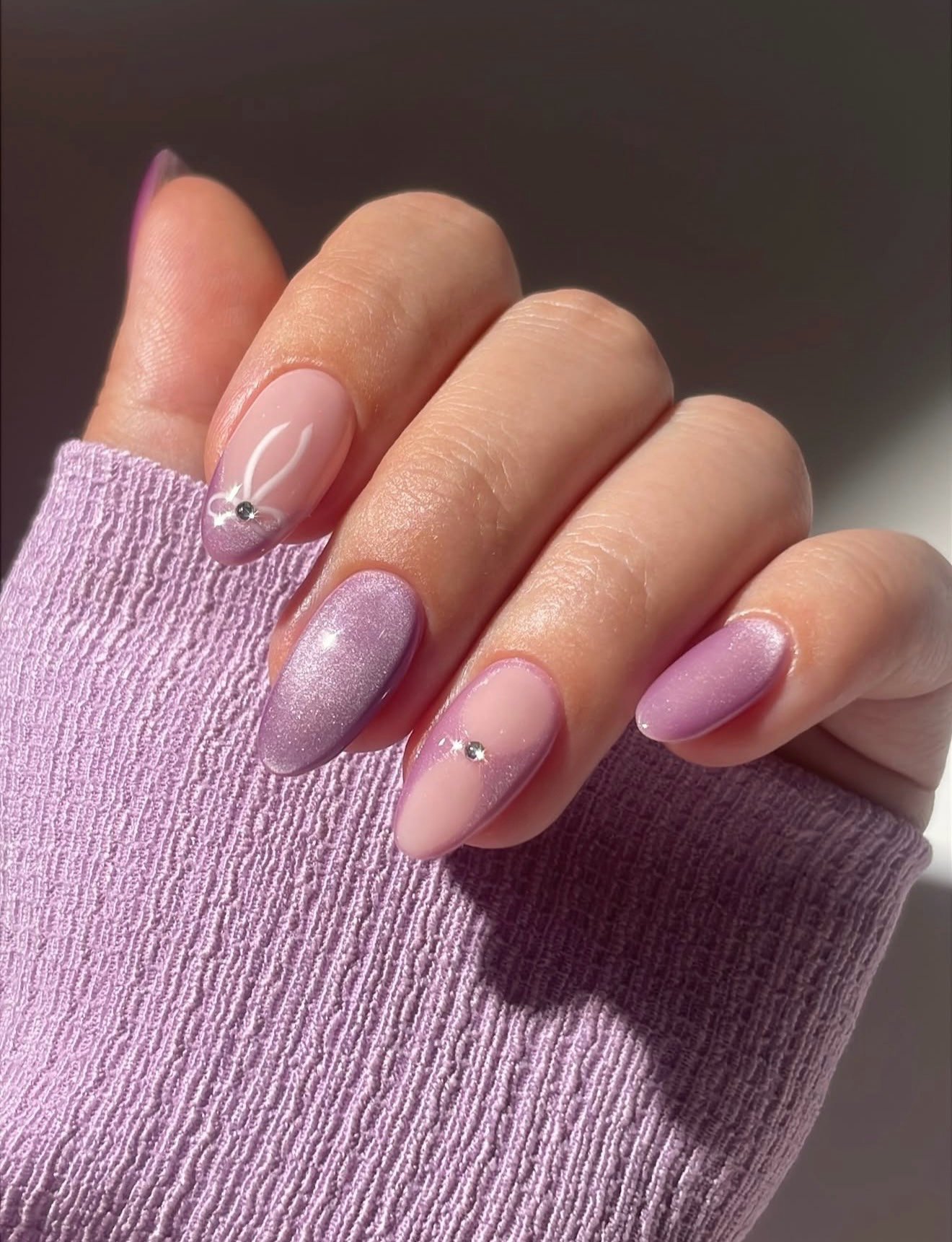 Lavender Cat Eye French Tip with Rhinestone Bow Accent