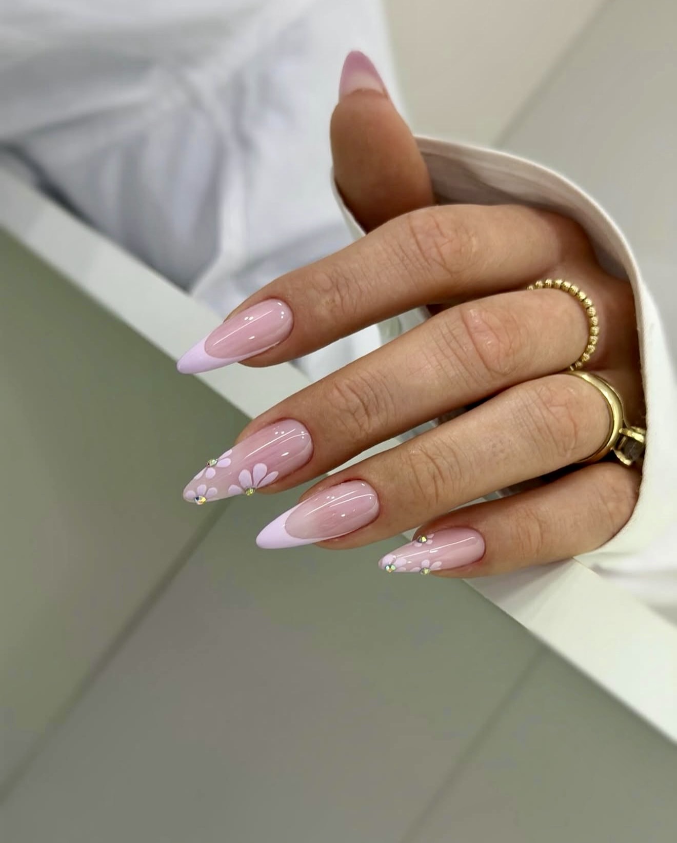 Lavender Tip French Floral Almond Nails