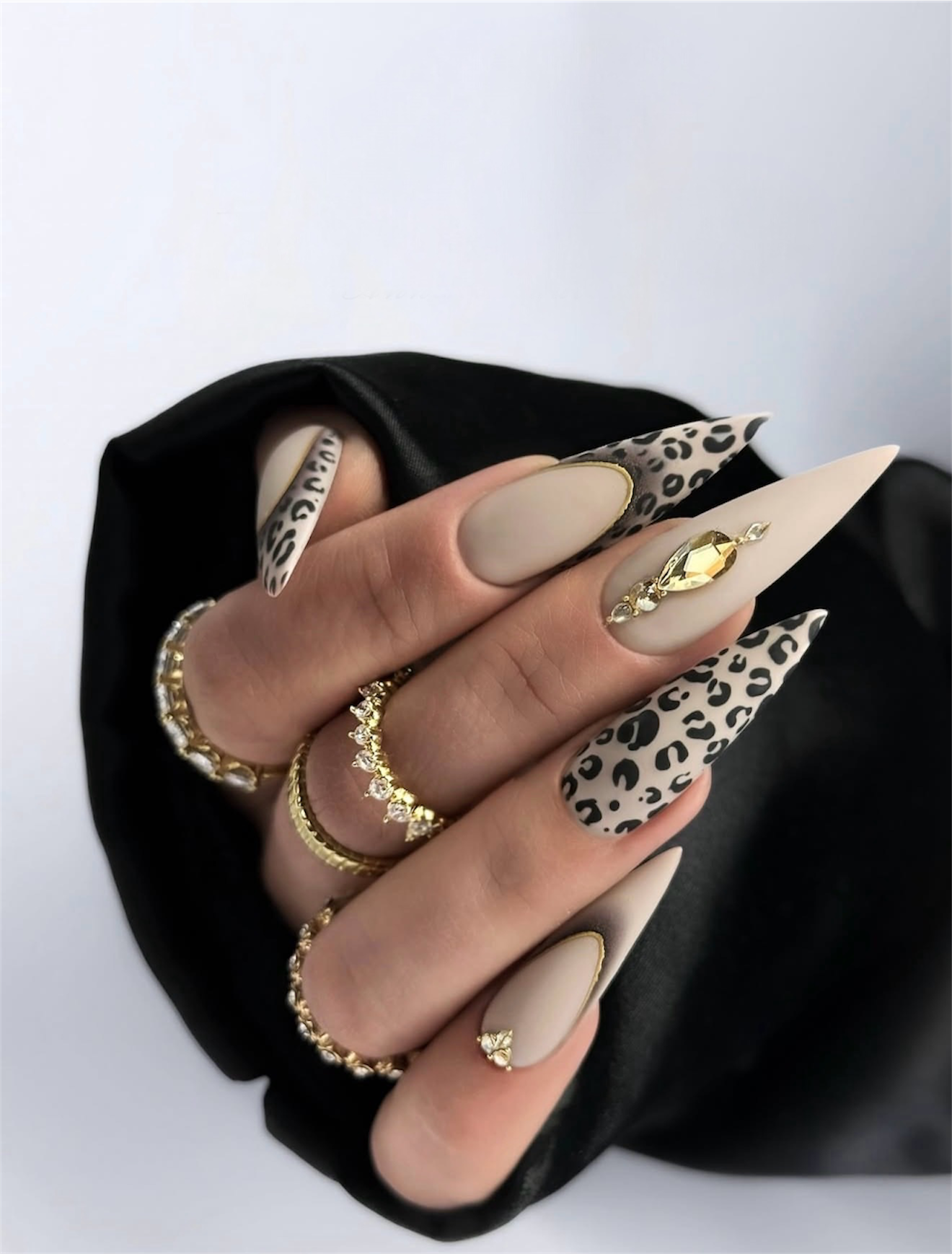 Leopard Print Matte Stiletto Nails with Gold Accents