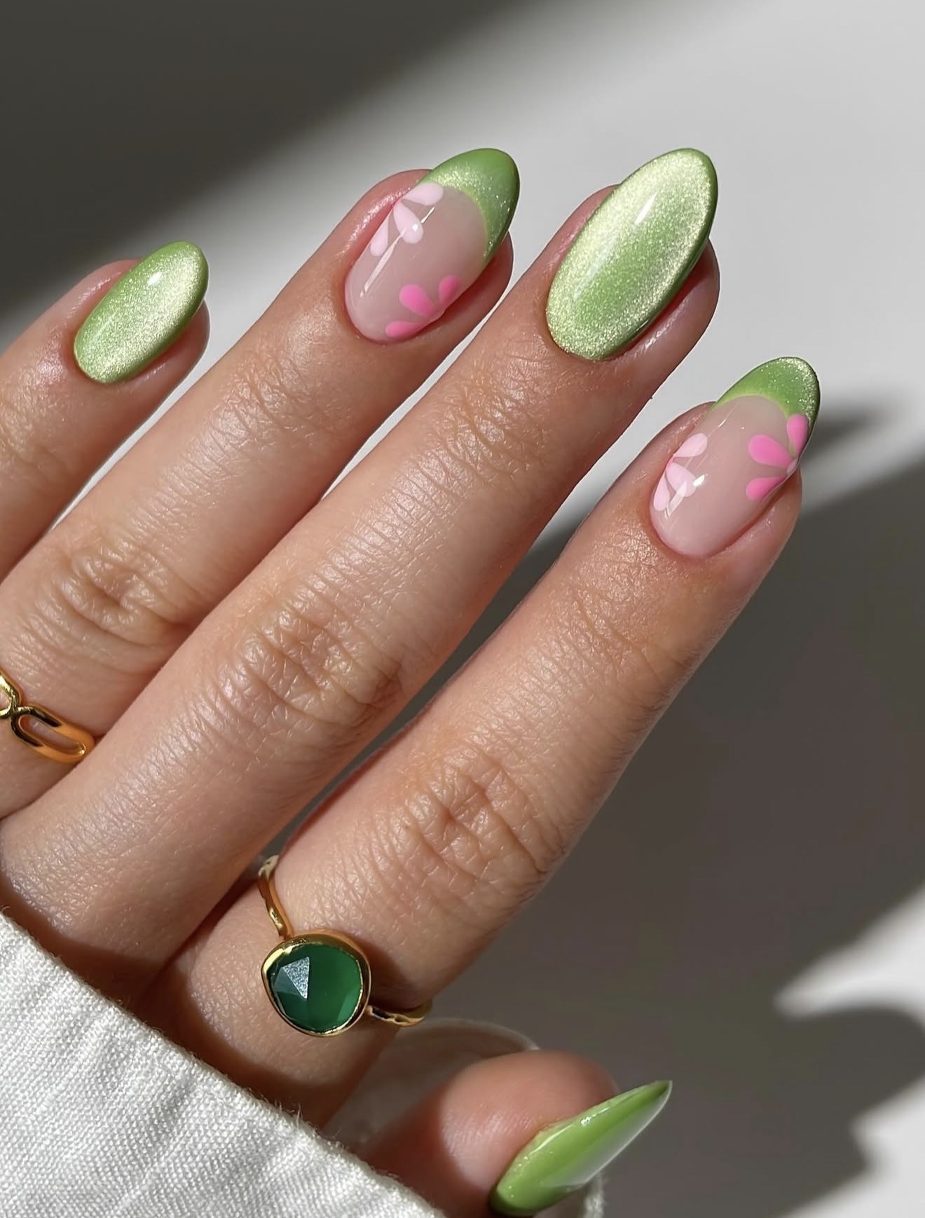 Lime Green Cat Eye French Tip Nails