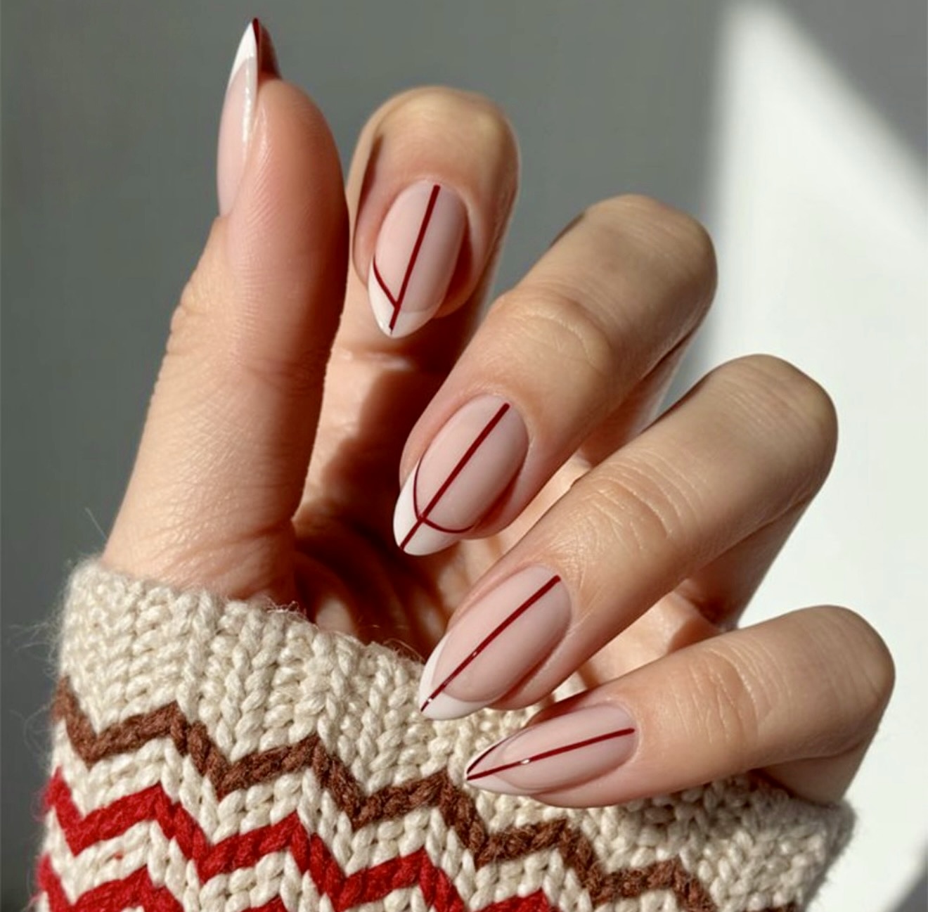 Matte French Tips With Minimalist Red Lines