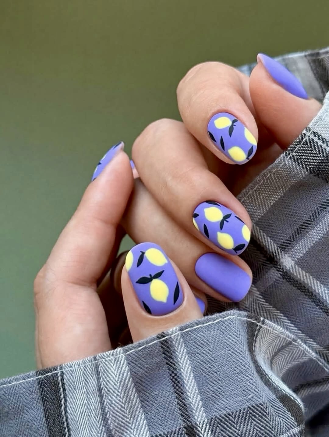 Matte Lavender Lemon Print Oval Nails