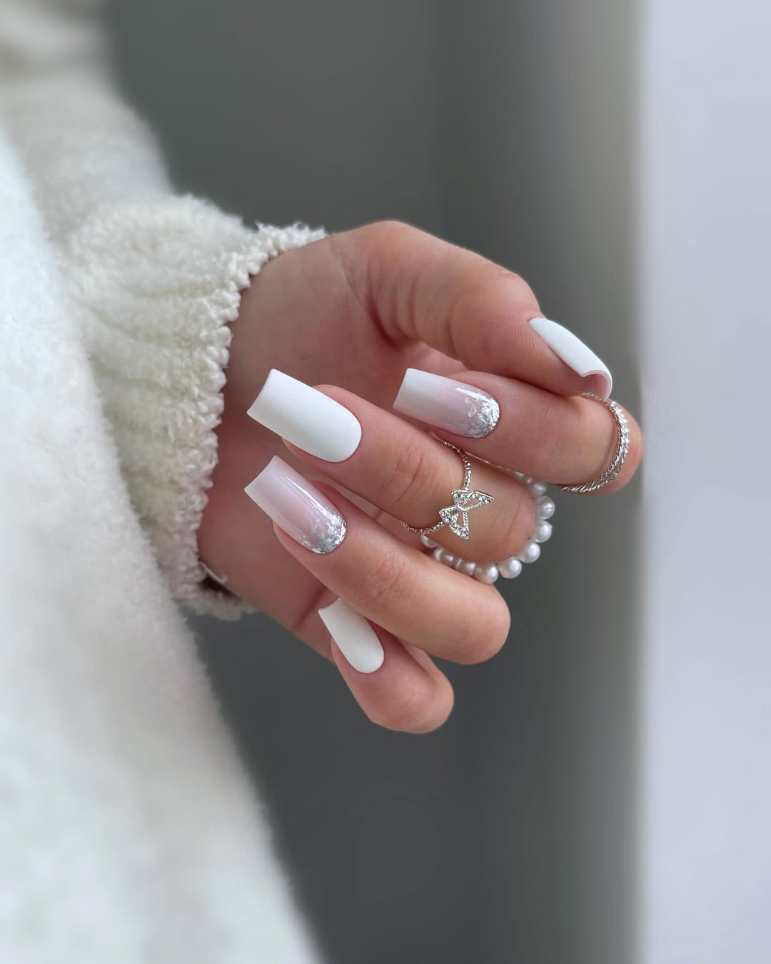 Matte White Ombre with Silver Glitter Accents