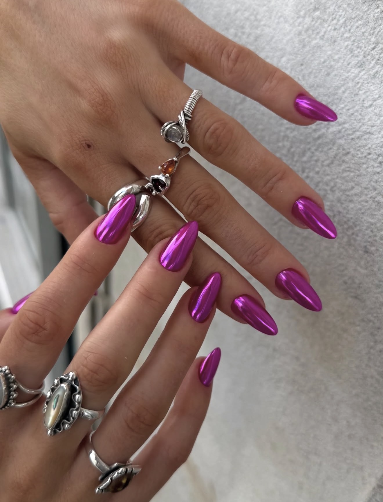 Metallic Magenta Stiletto Chrome Nails