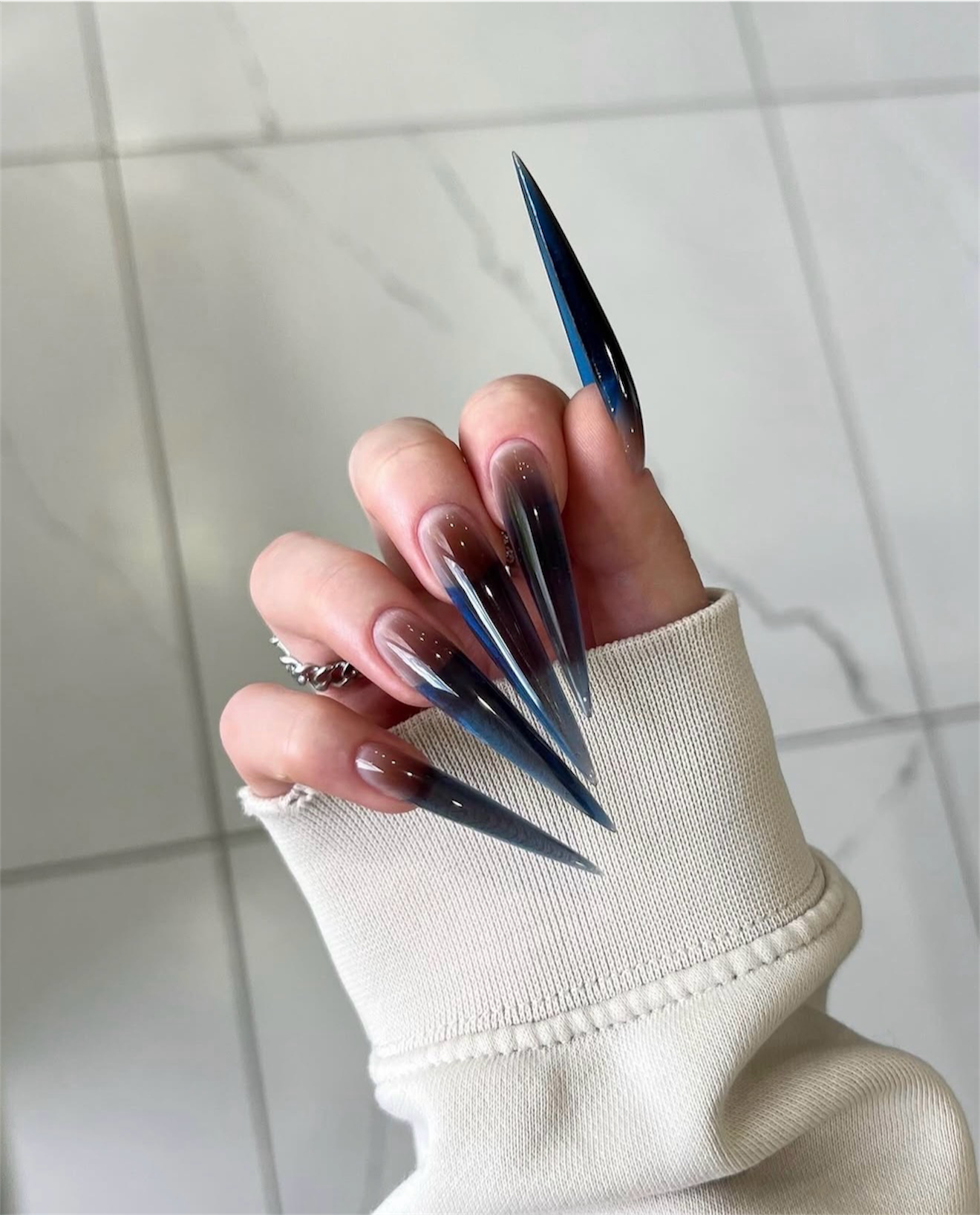 Midnight Ocean Ombre Stiletto Nails