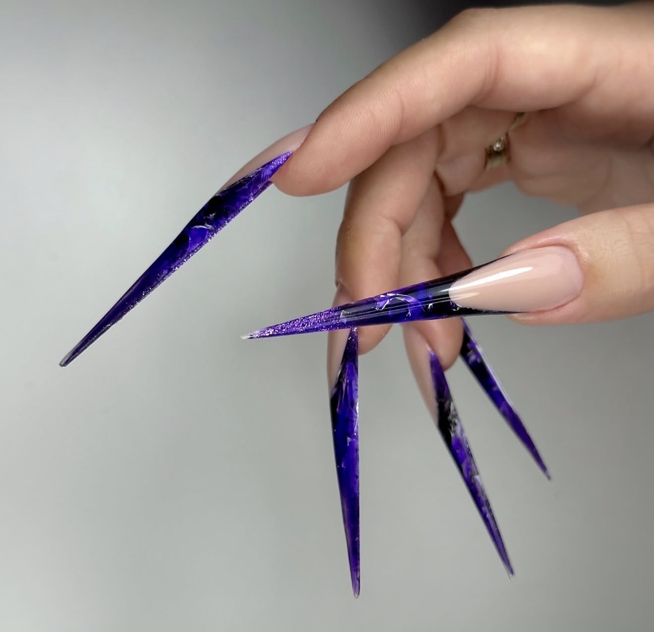 Midnight Purple Stiletto Nails with Glitter Accents
