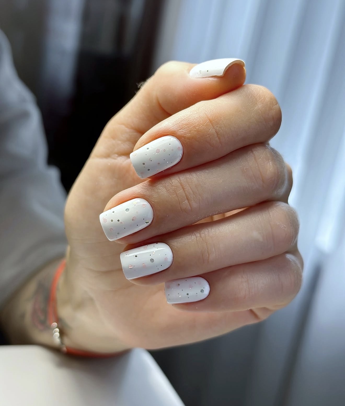 Milky White Dot Accent Squoval Nails