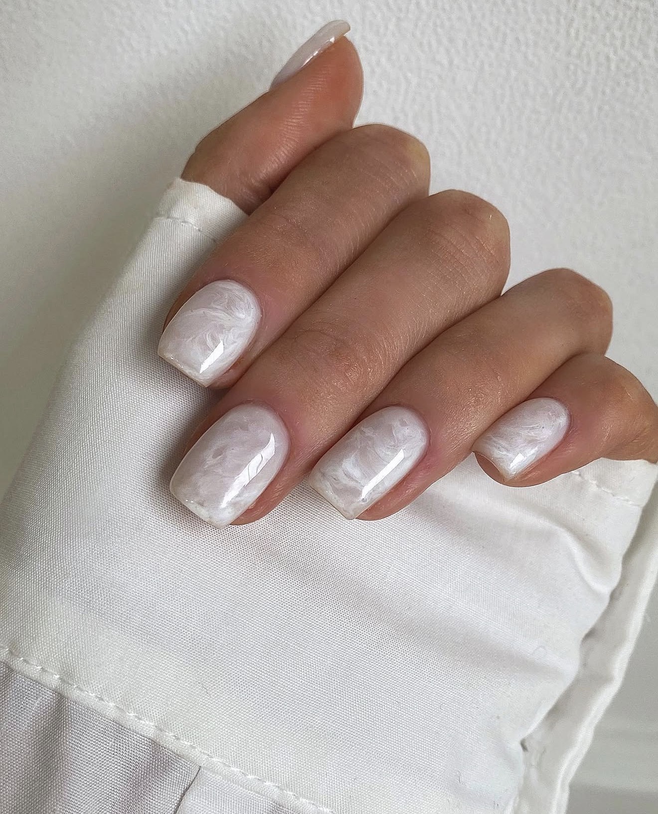 Milky White Marble Swirl Medium Square Nails
