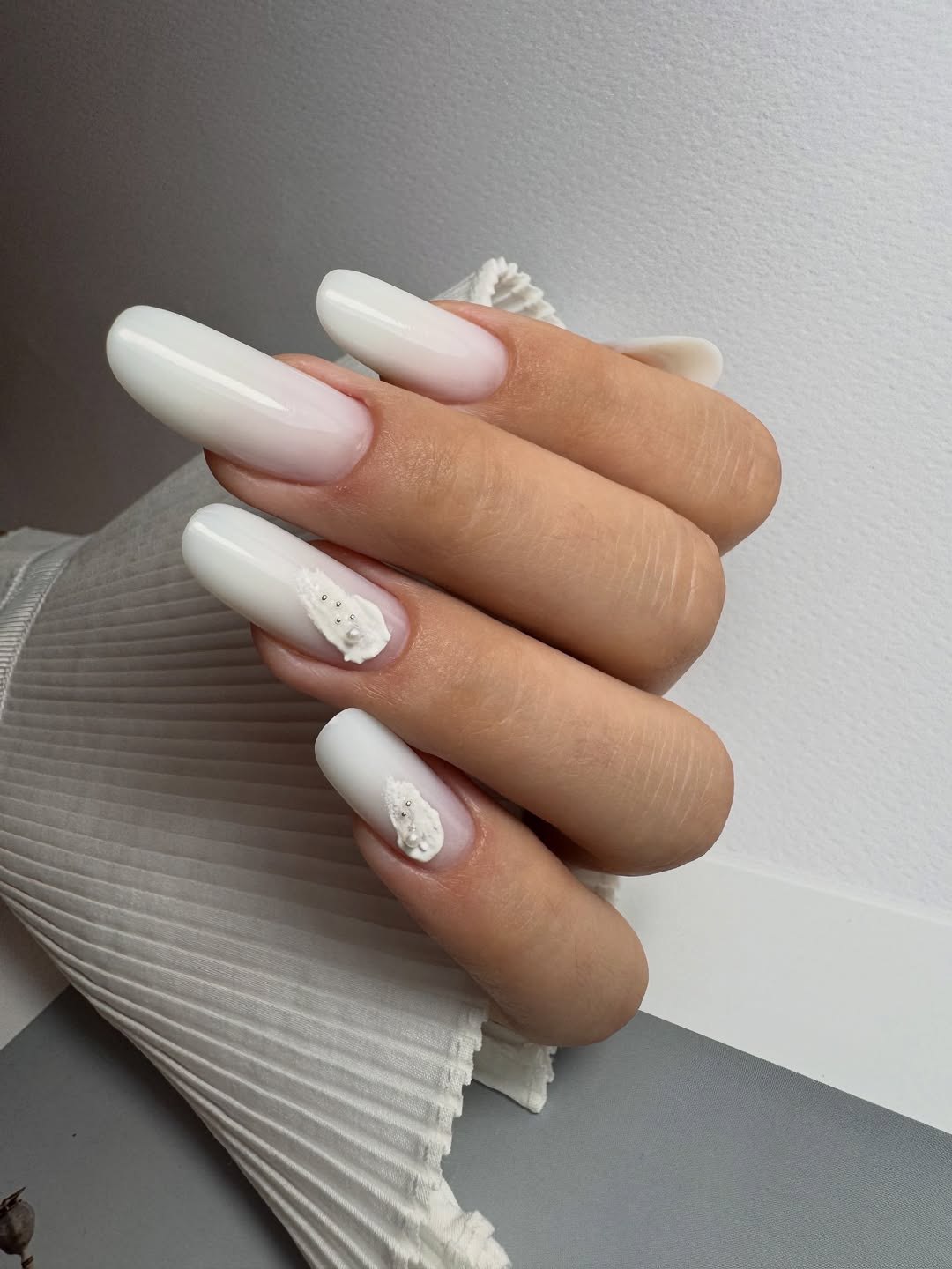 Milky White Ombre Almond Nails with 3D Petals