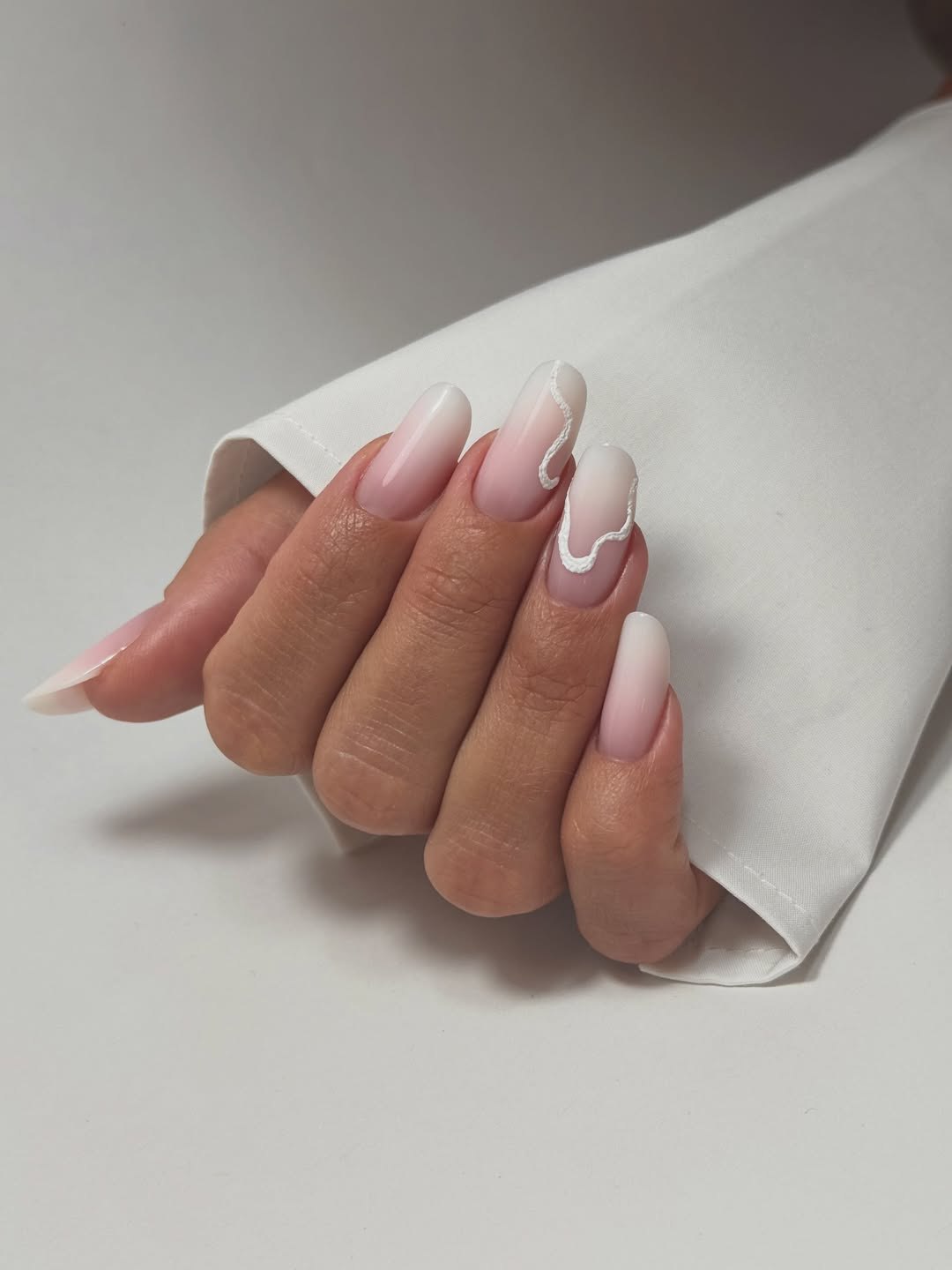 Milky White Ombre Oval with Abstract Swirl Art