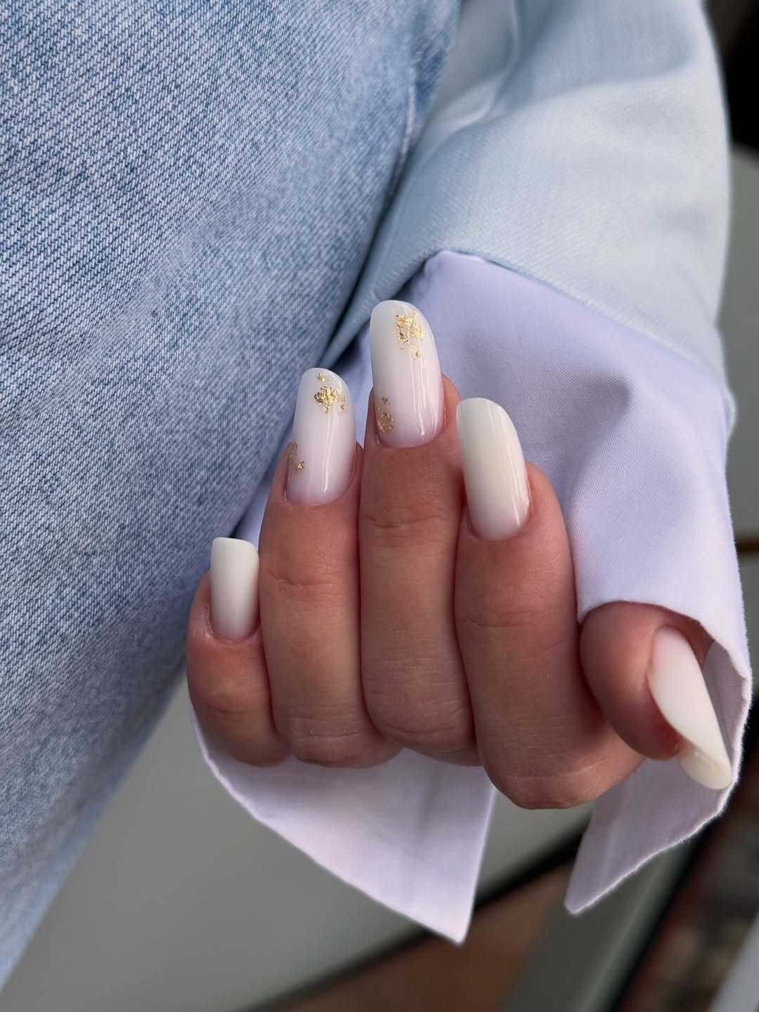 Milky White Oval Nails with Gold Flakes