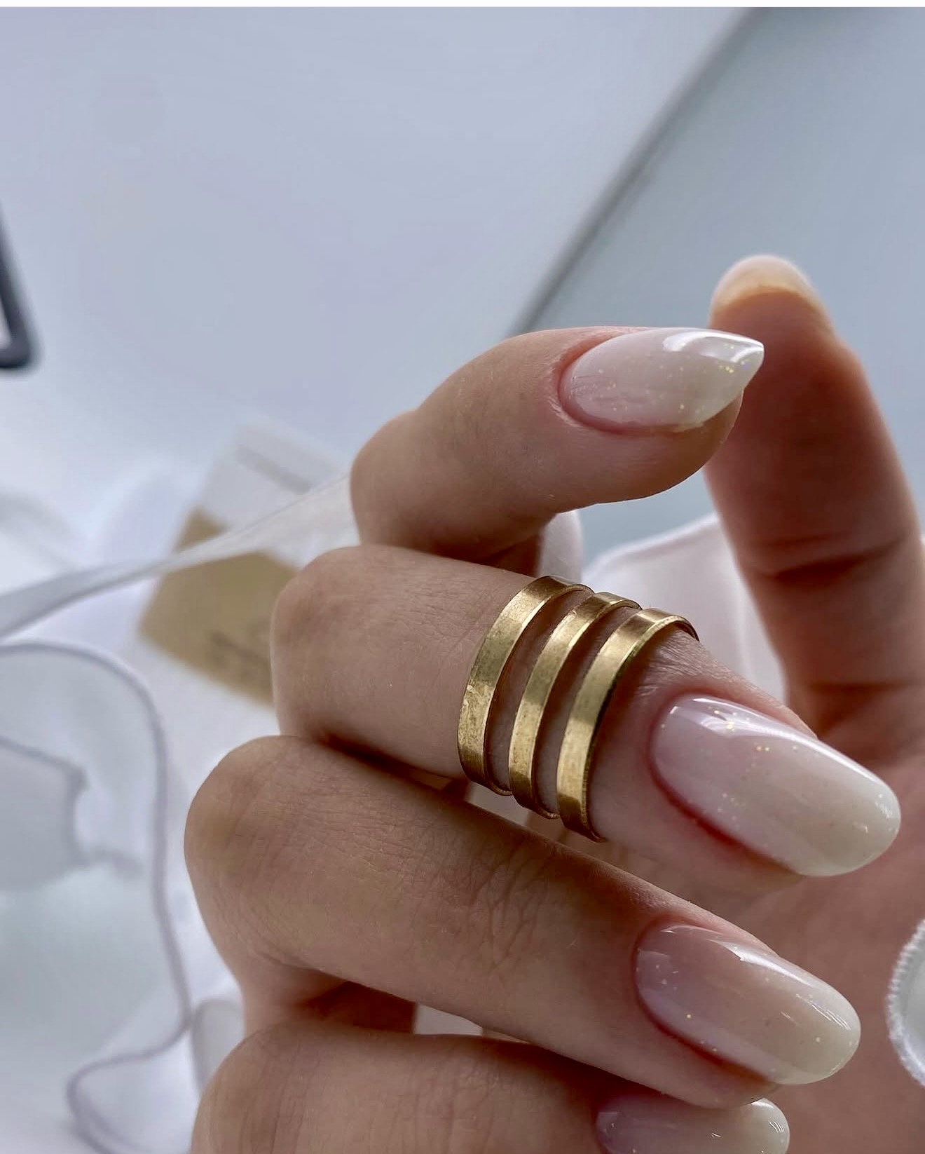 Milky White Pearl Shimmer Oval Nails