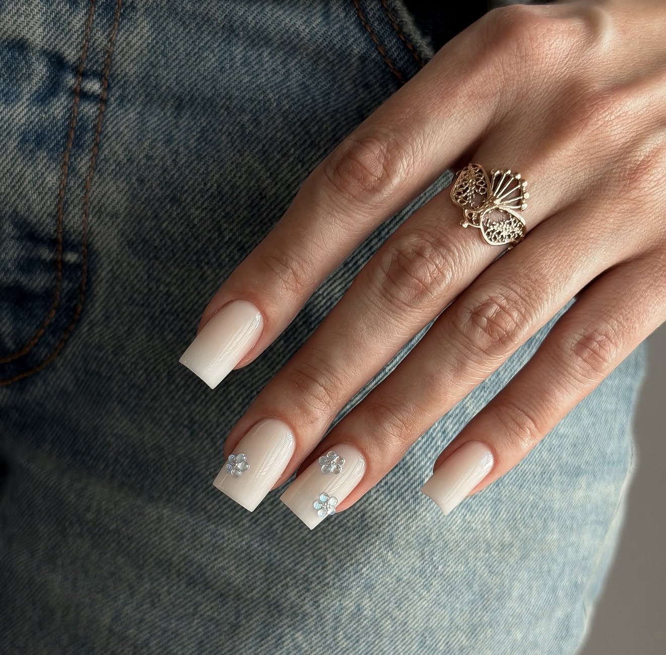Milky White Square Nails with Floral Charms
