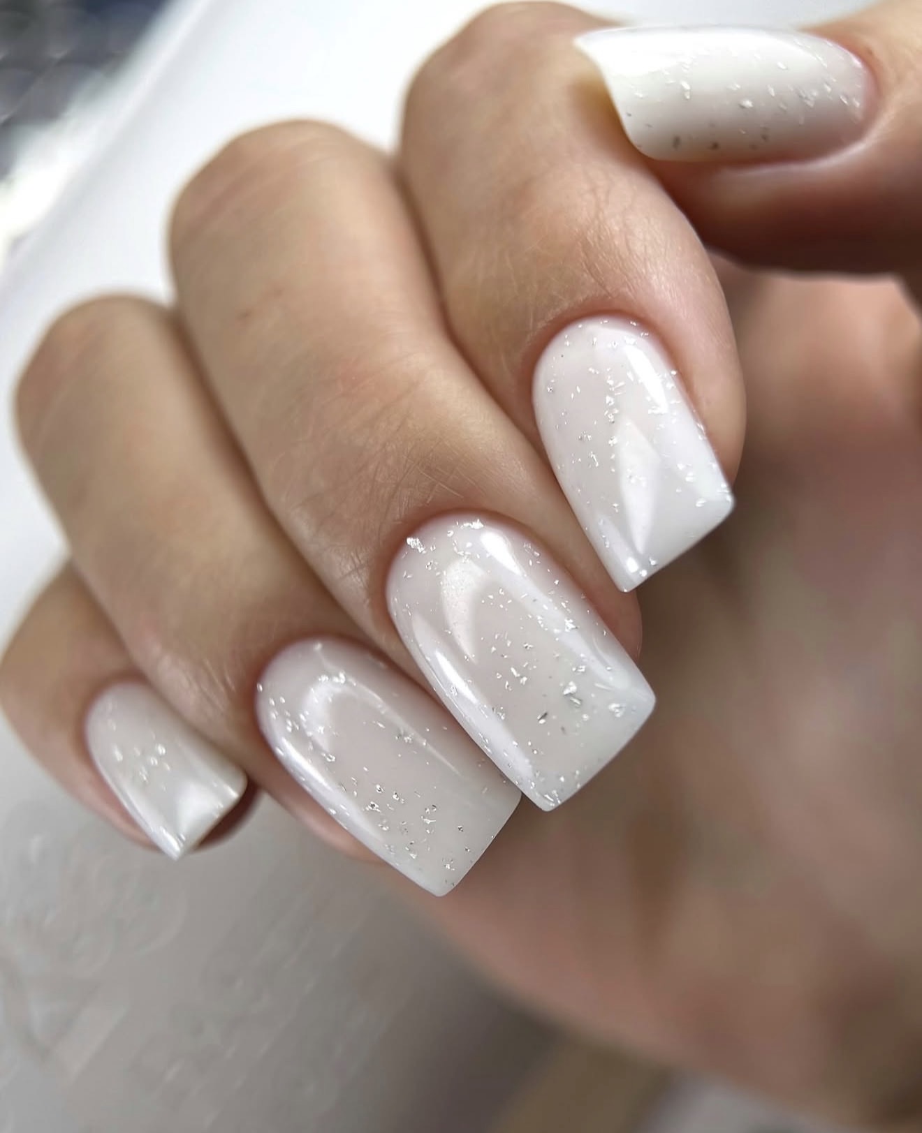 Milky White Square Nails with Silver Flakes