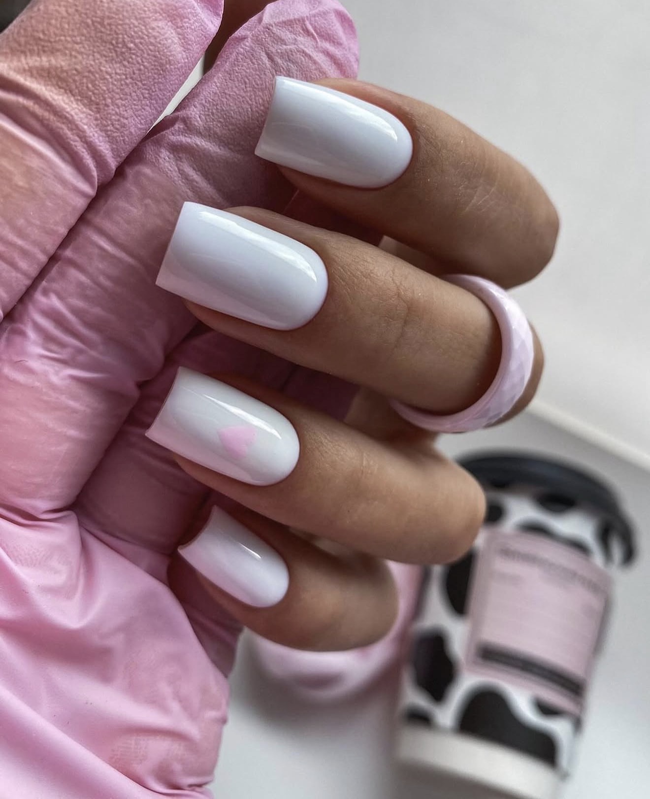 Milky White Square Nails with Subtle Pink Heart