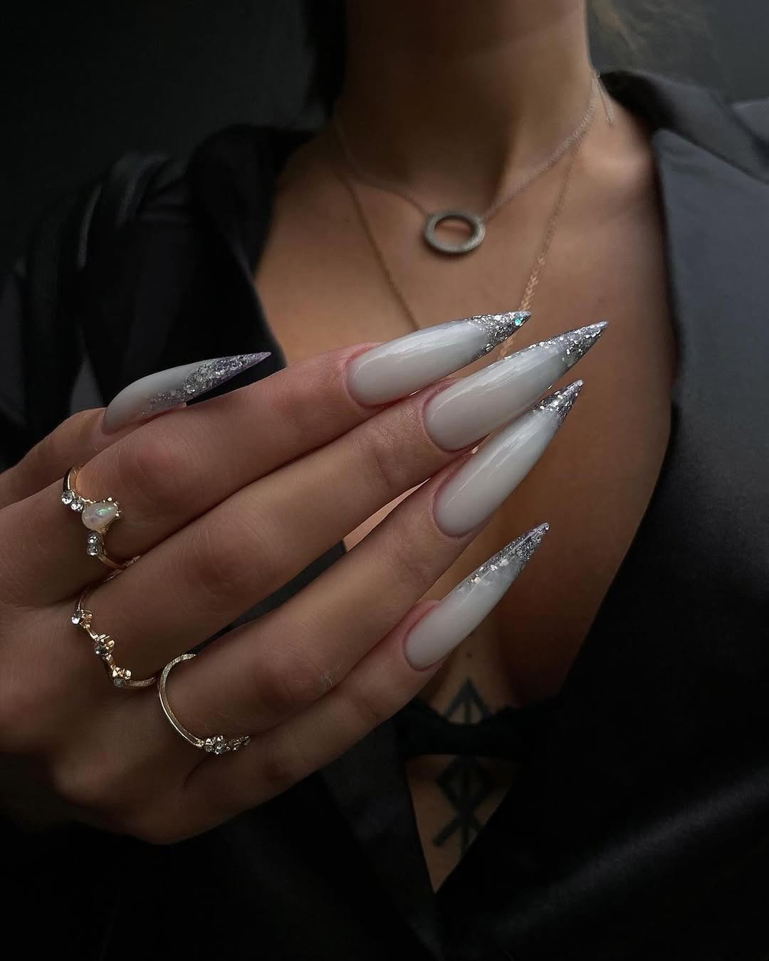 Milky White Stiletto Nails with Silver Glitter French Tips