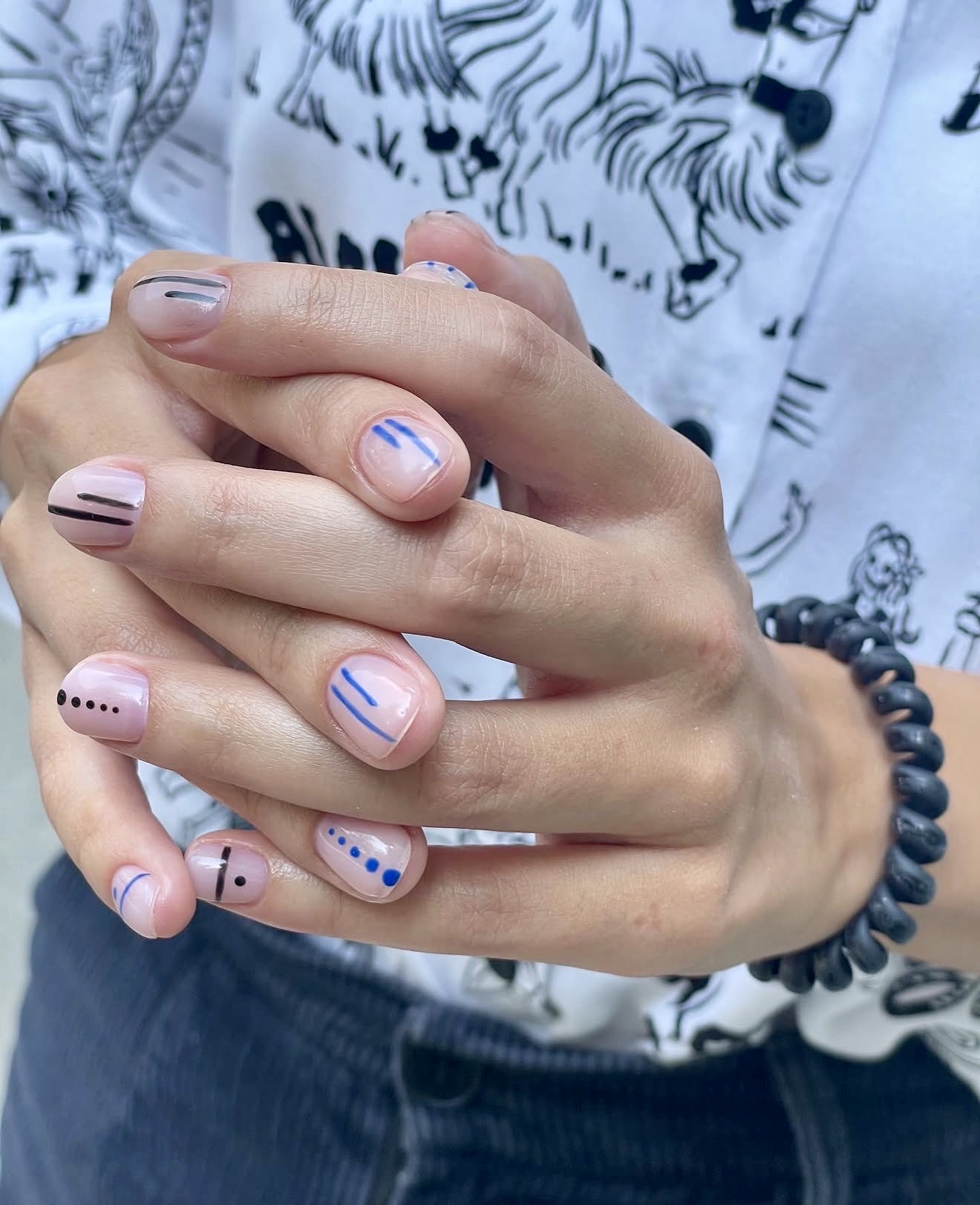 Minimalist Blue and Black Line Art Nails