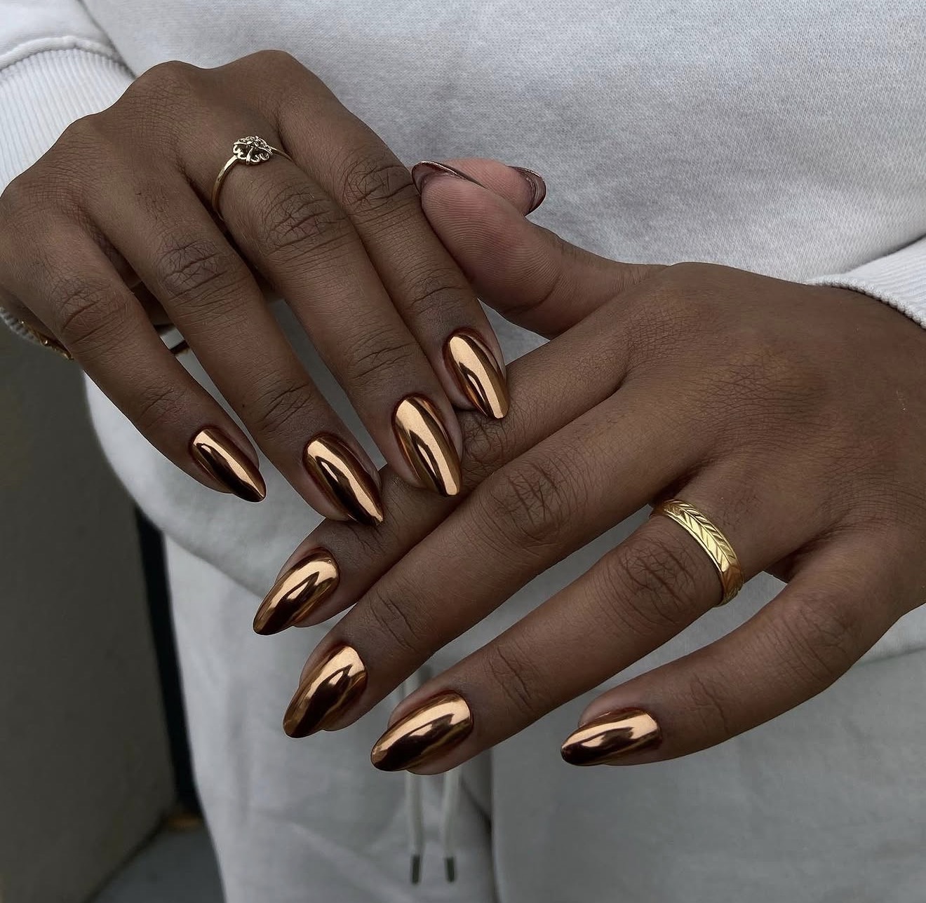 Molten Copper Chrome Almond Nails