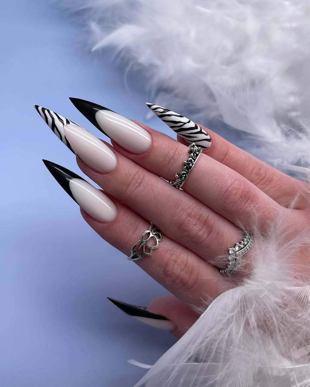Monochrome Stiletto French Tip with Zebra Accent