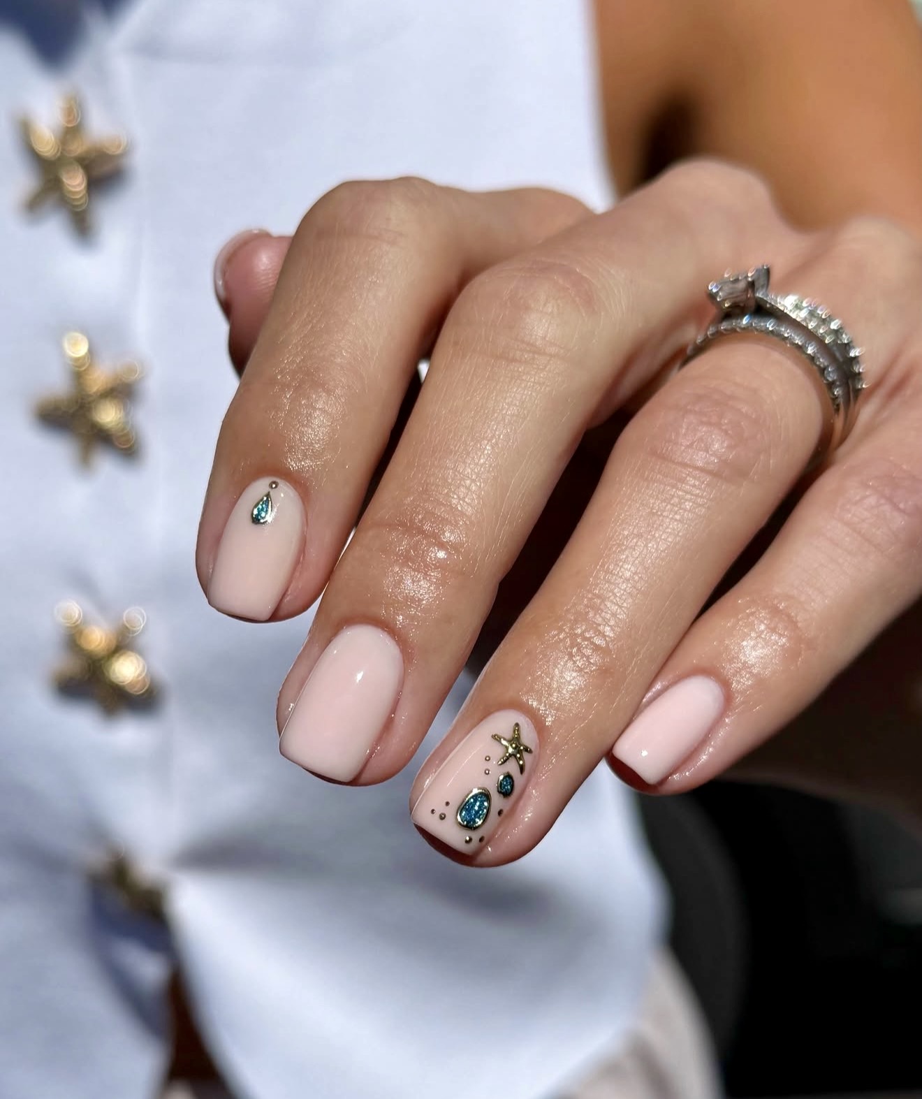Nude Pink Square Nails with Nautical Charms