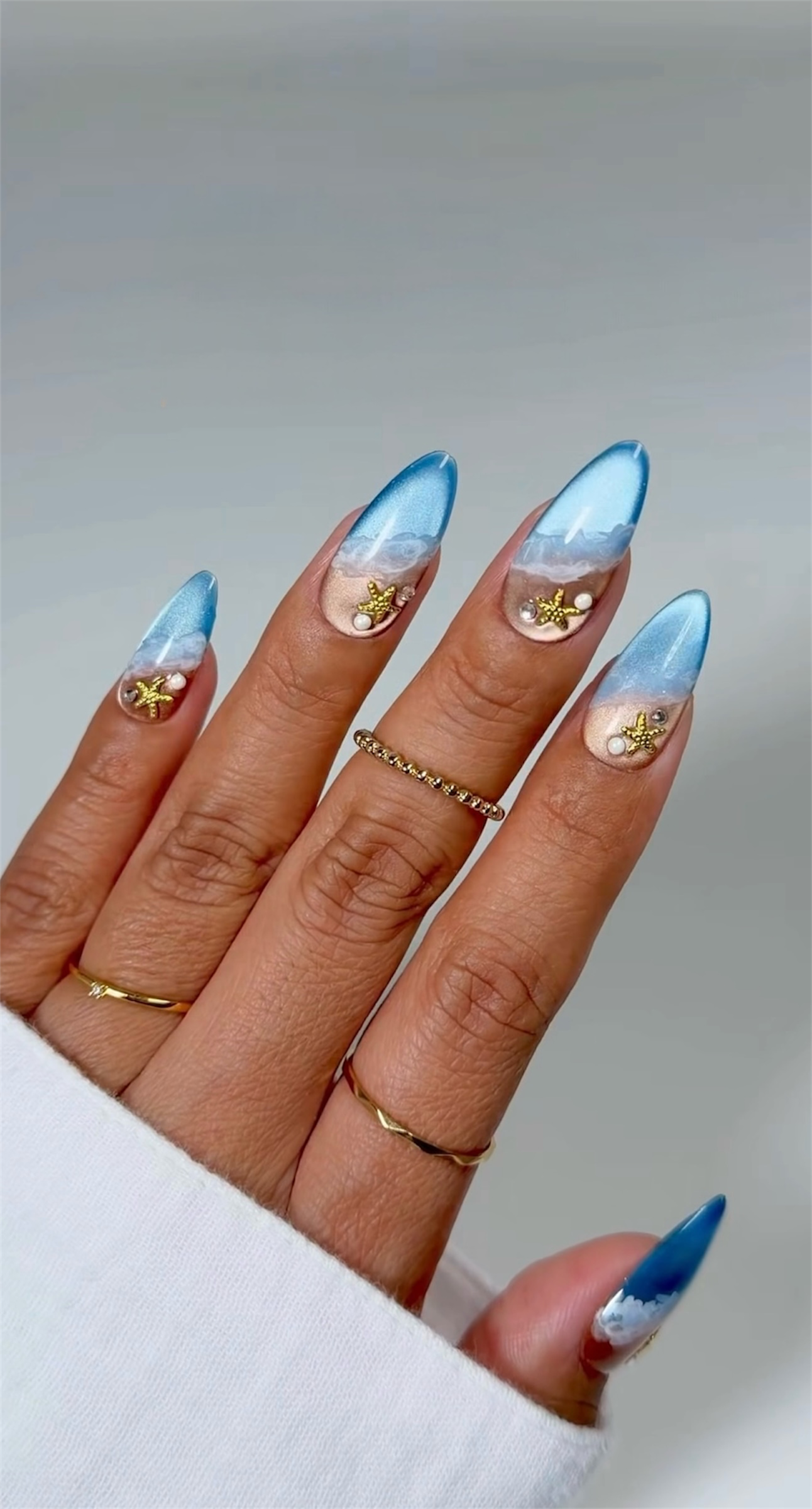 Ocean Wave Cat Eye Stiletto Nails with Beach Charms