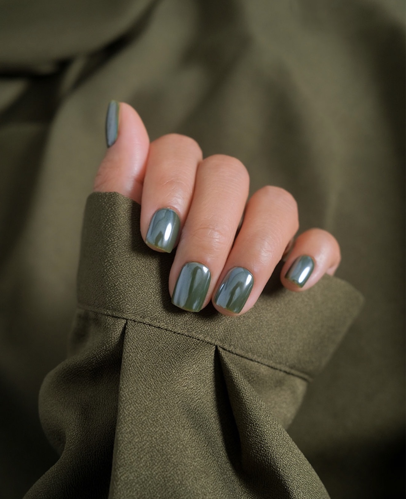 Olive Green Chrome Short Squoval Nails