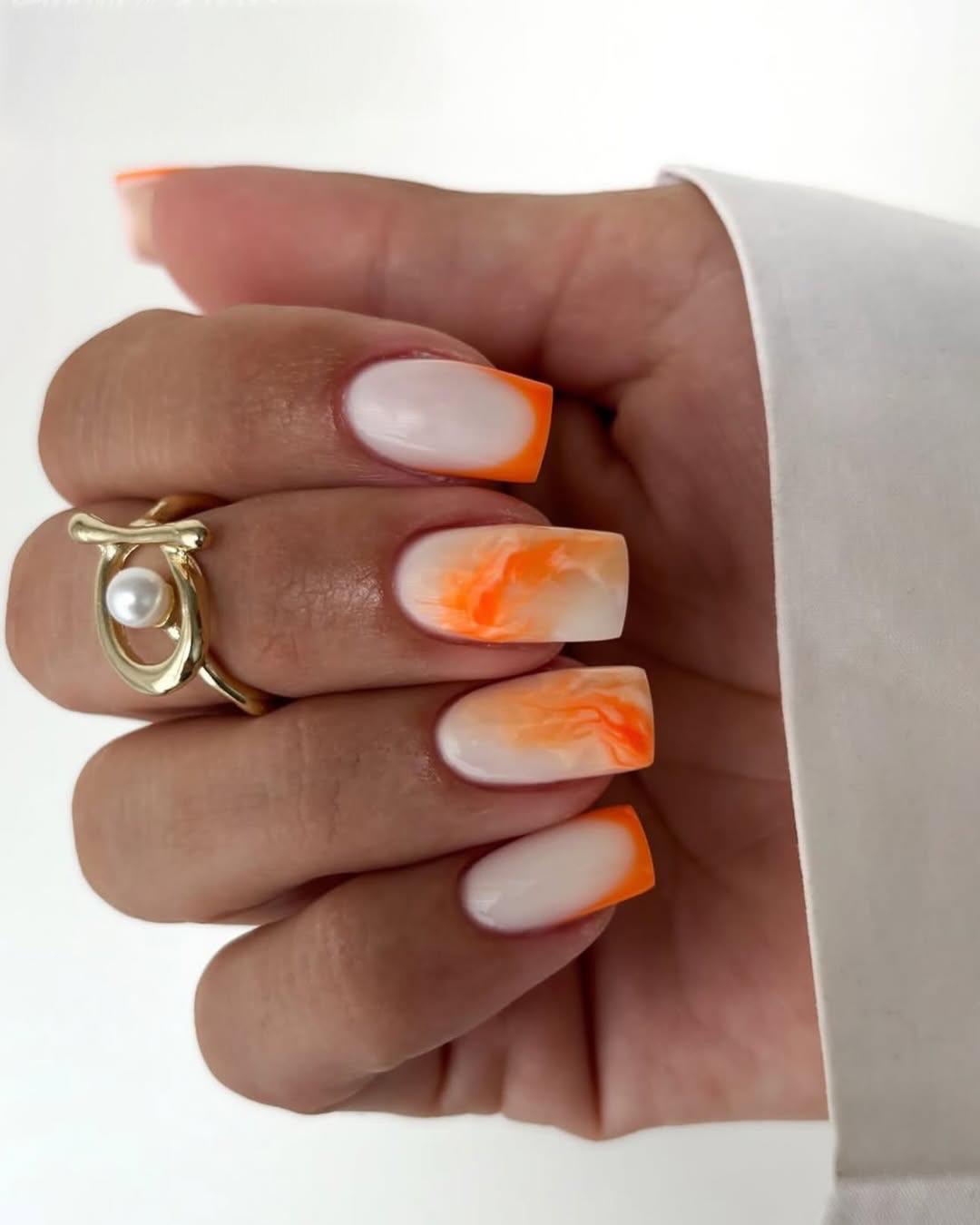 Orange Swirl French Tip Square Nails