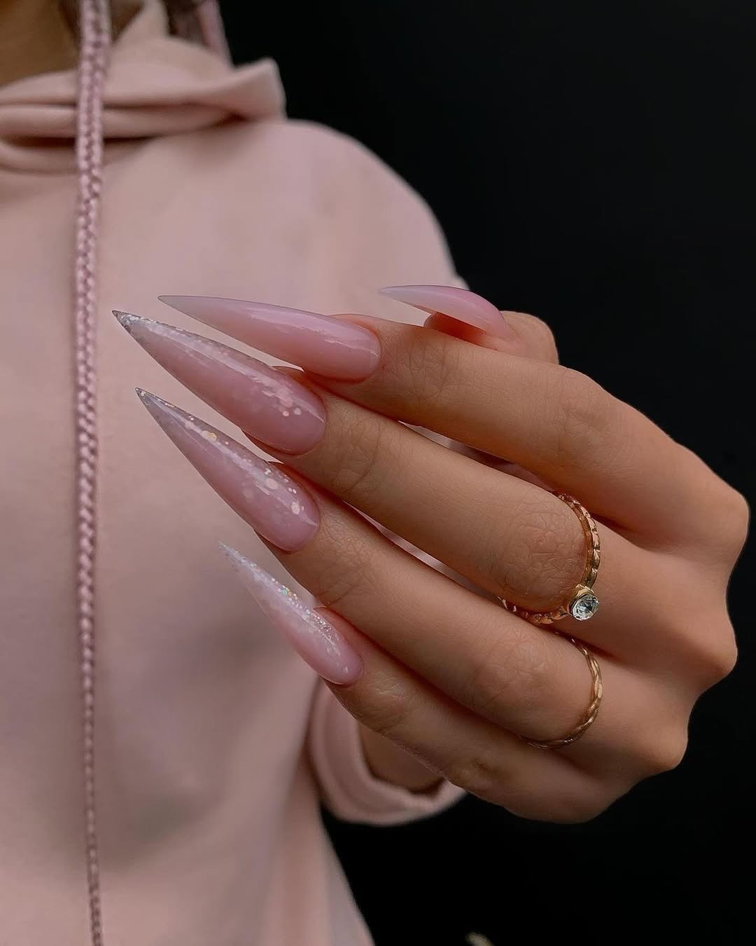 Pale Pink Stiletto Nails With Glitter Ombre Tips