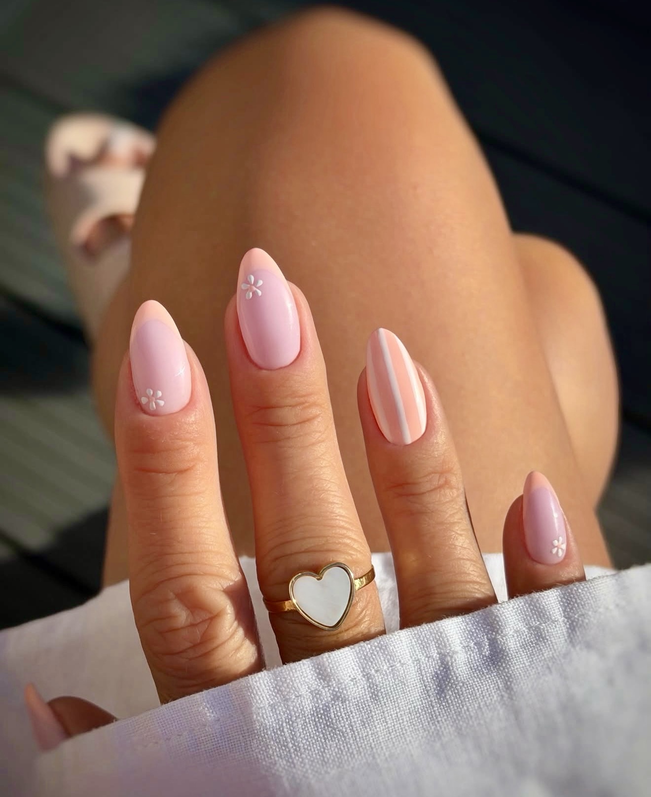 Peachy Pink French Tips with Daisy Accents