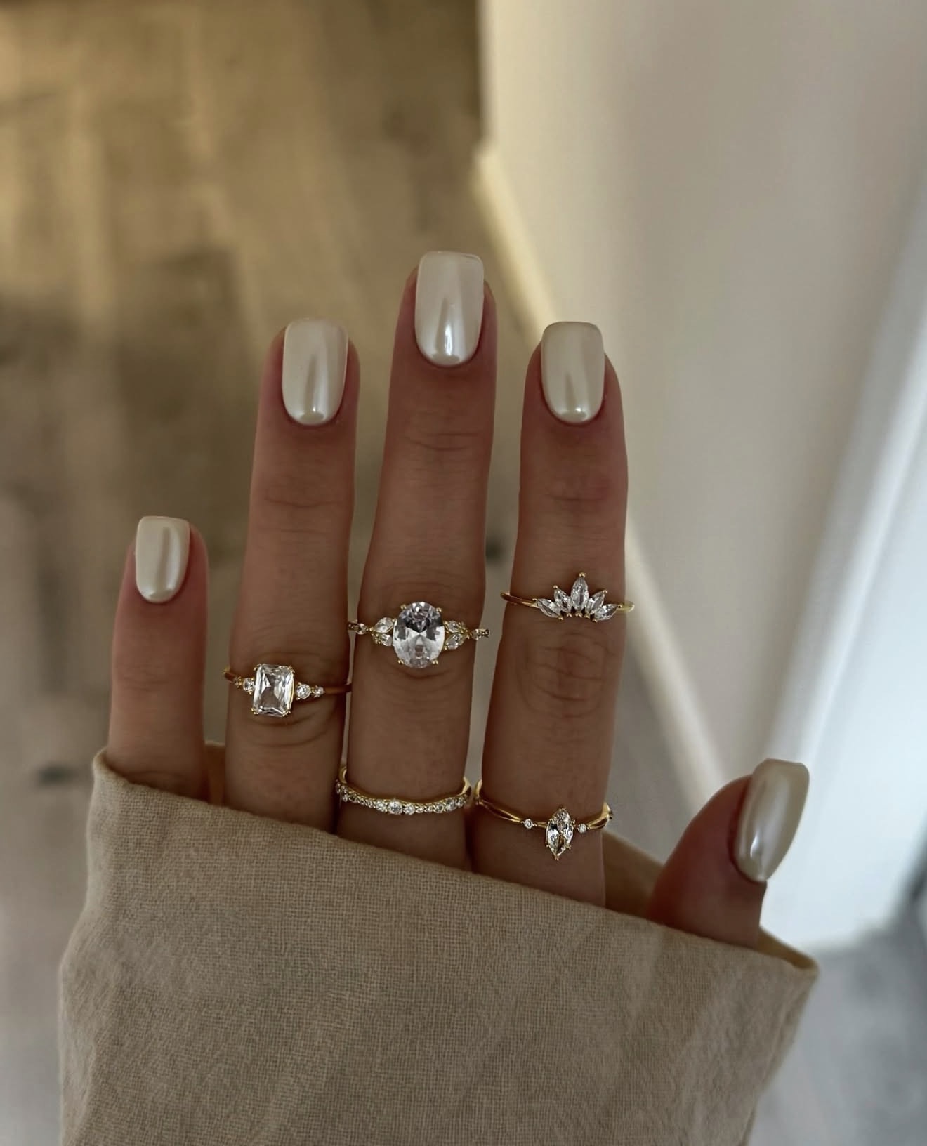 Pearl White Chrome Square Nails