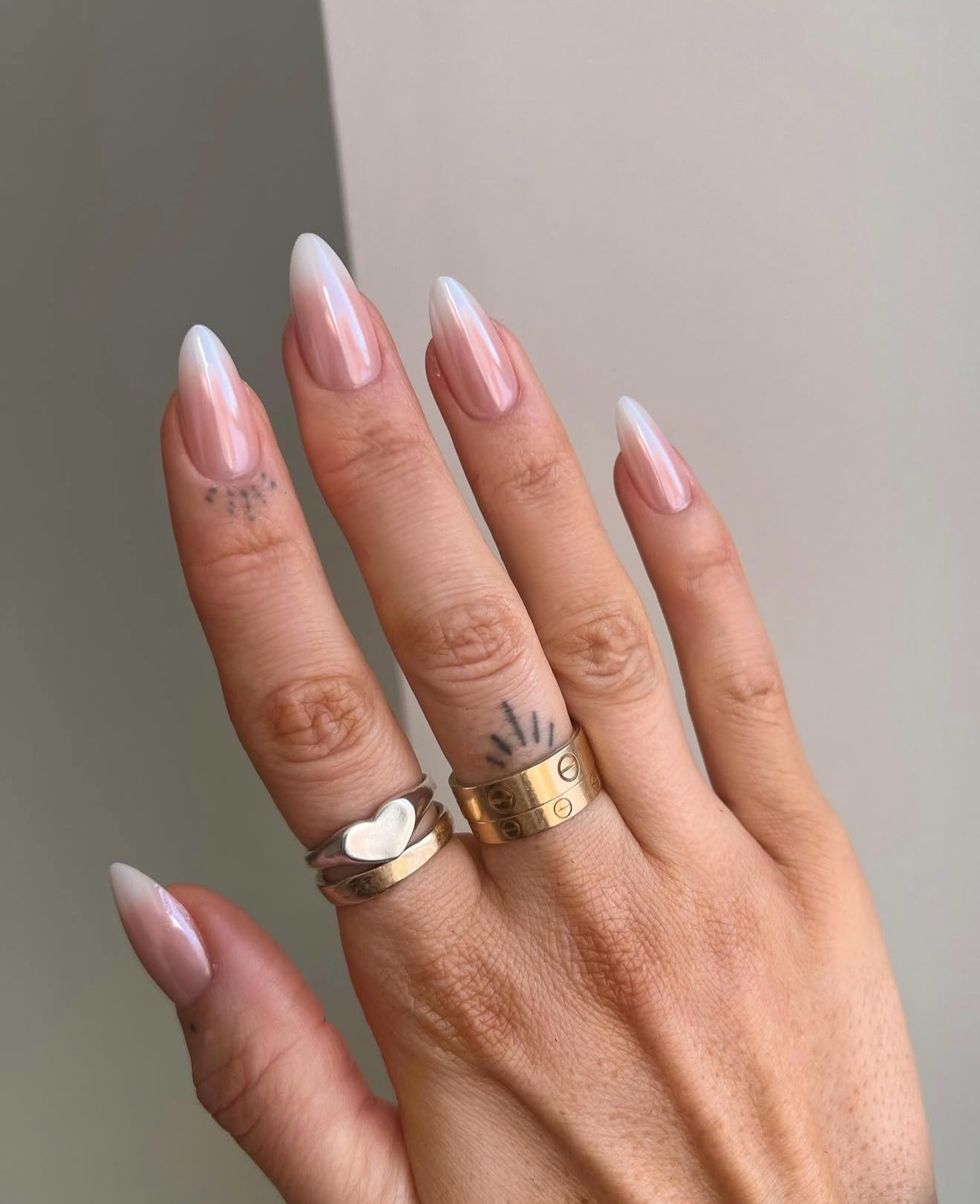 Pearlescent Chrome Almond Nails With Milky Ombre