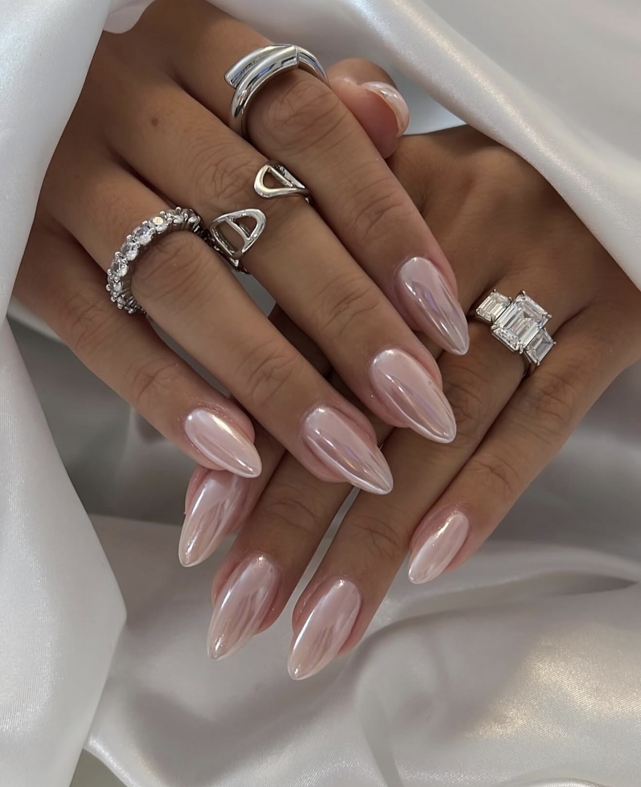 Pearlescent Milk Bath Chrome Almond Nails