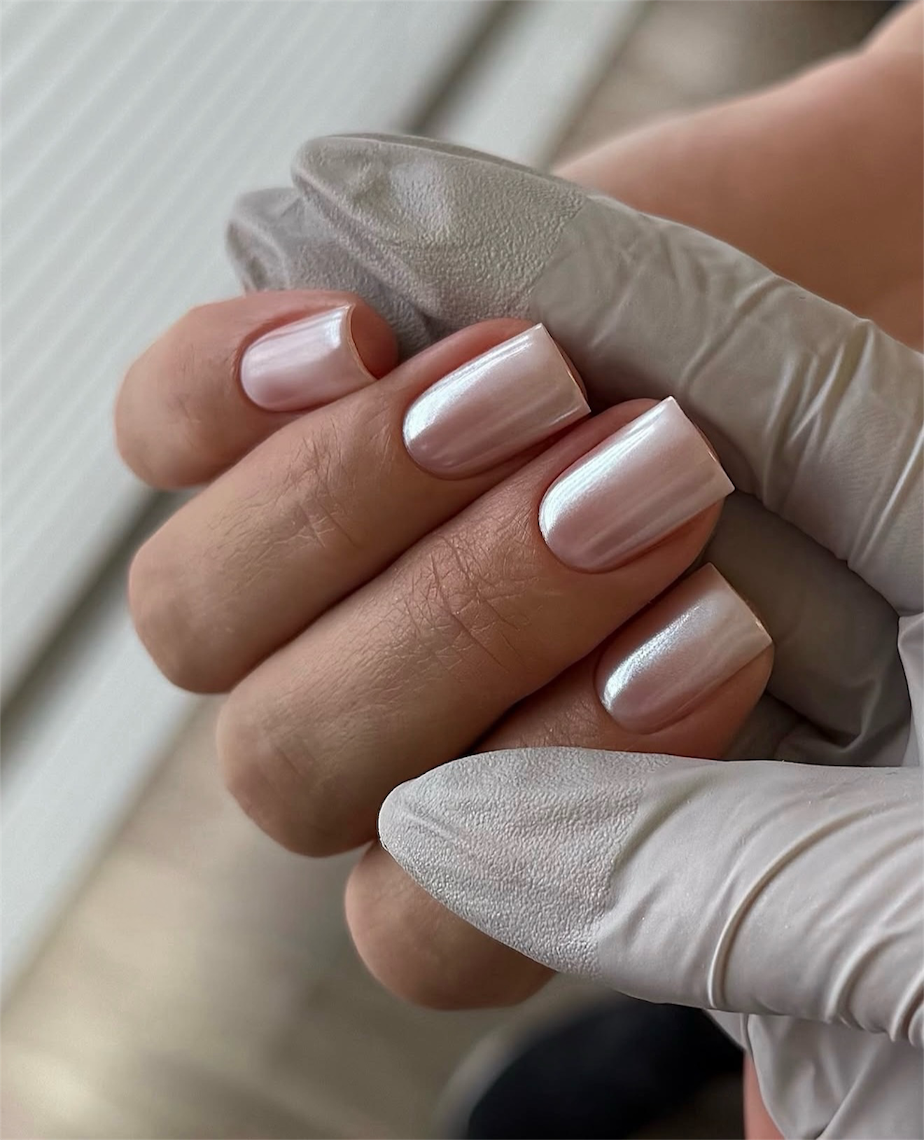 Pearlescent Pink Chrome Almond Nails