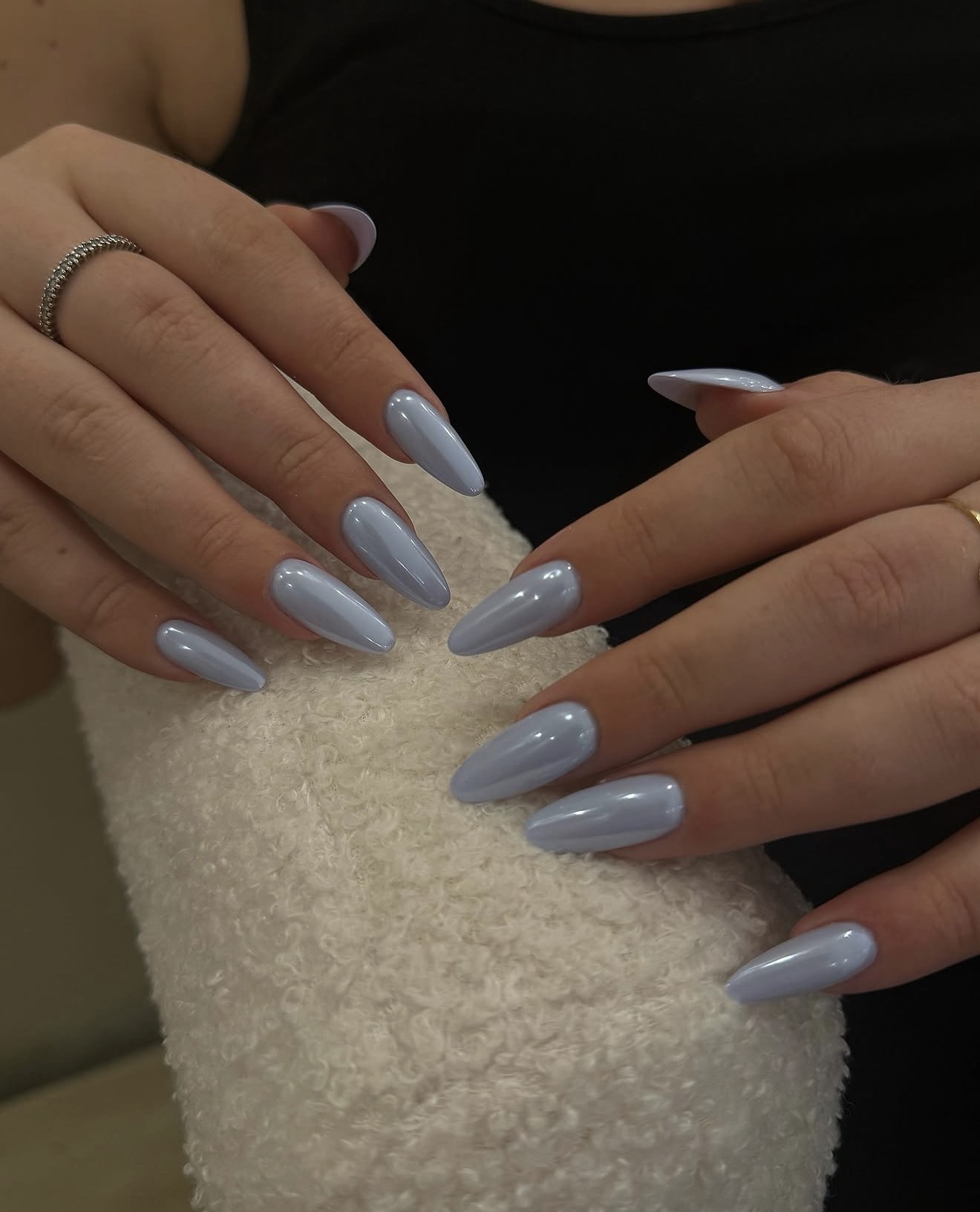 Periwinkle Blue Almond Chrome Nails