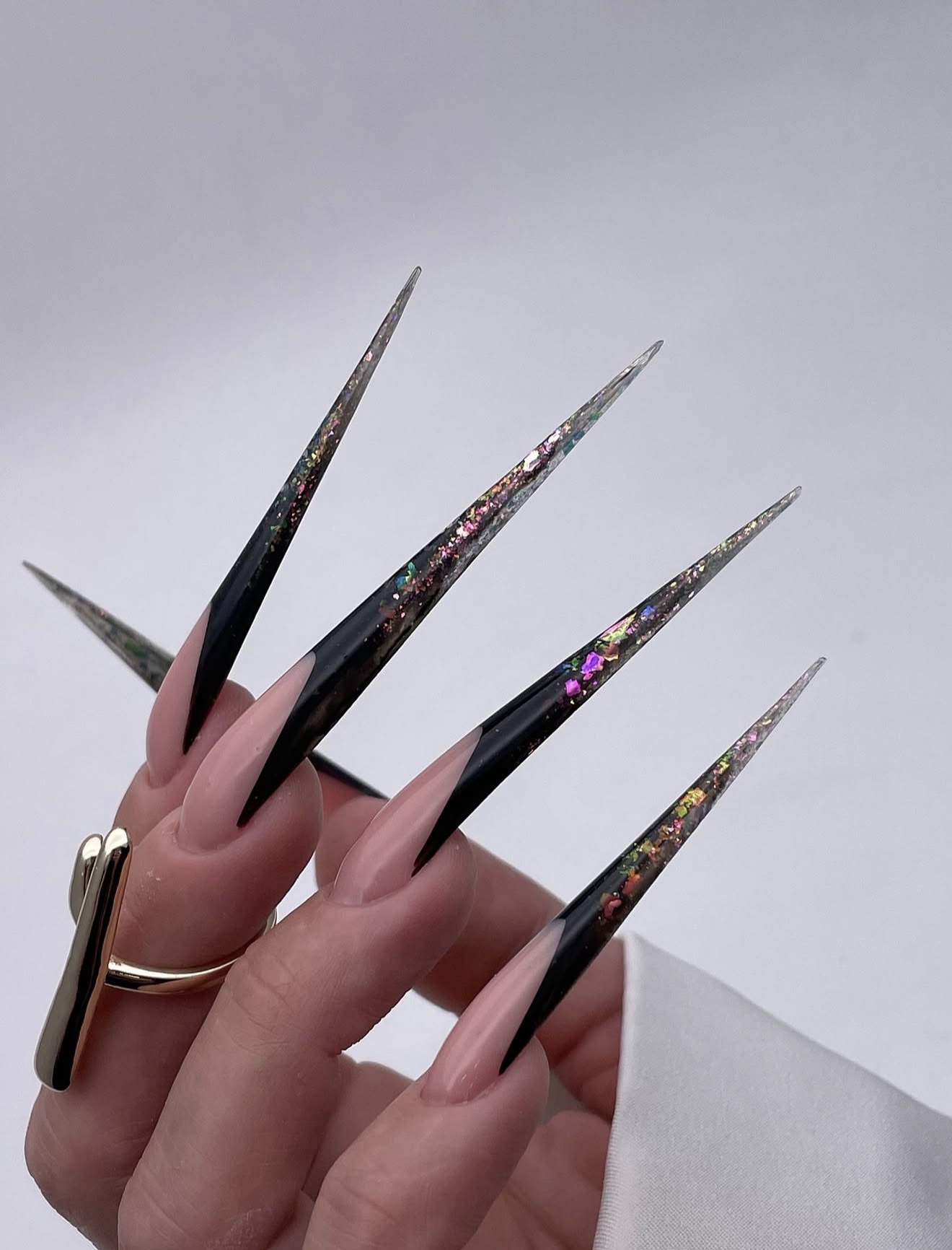 Pink and Black Stiletto French with Glitter Accents