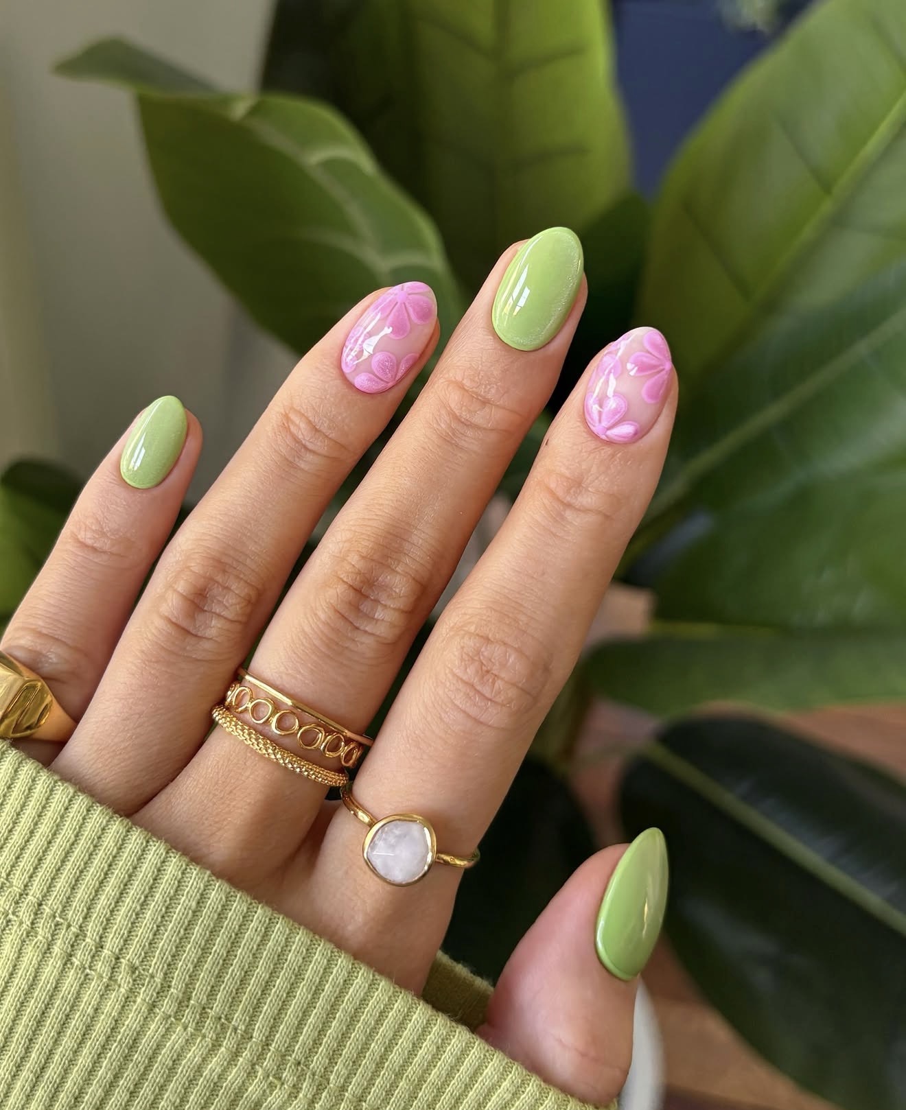 Sage Green Oval Nails With Abstract Pink Flowers