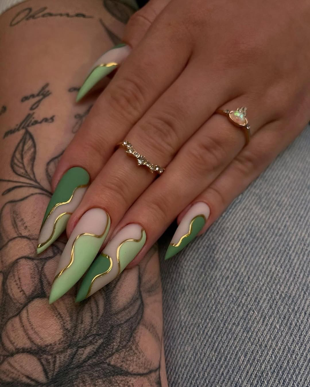 Sage Green Swirl French Stiletto Nails
