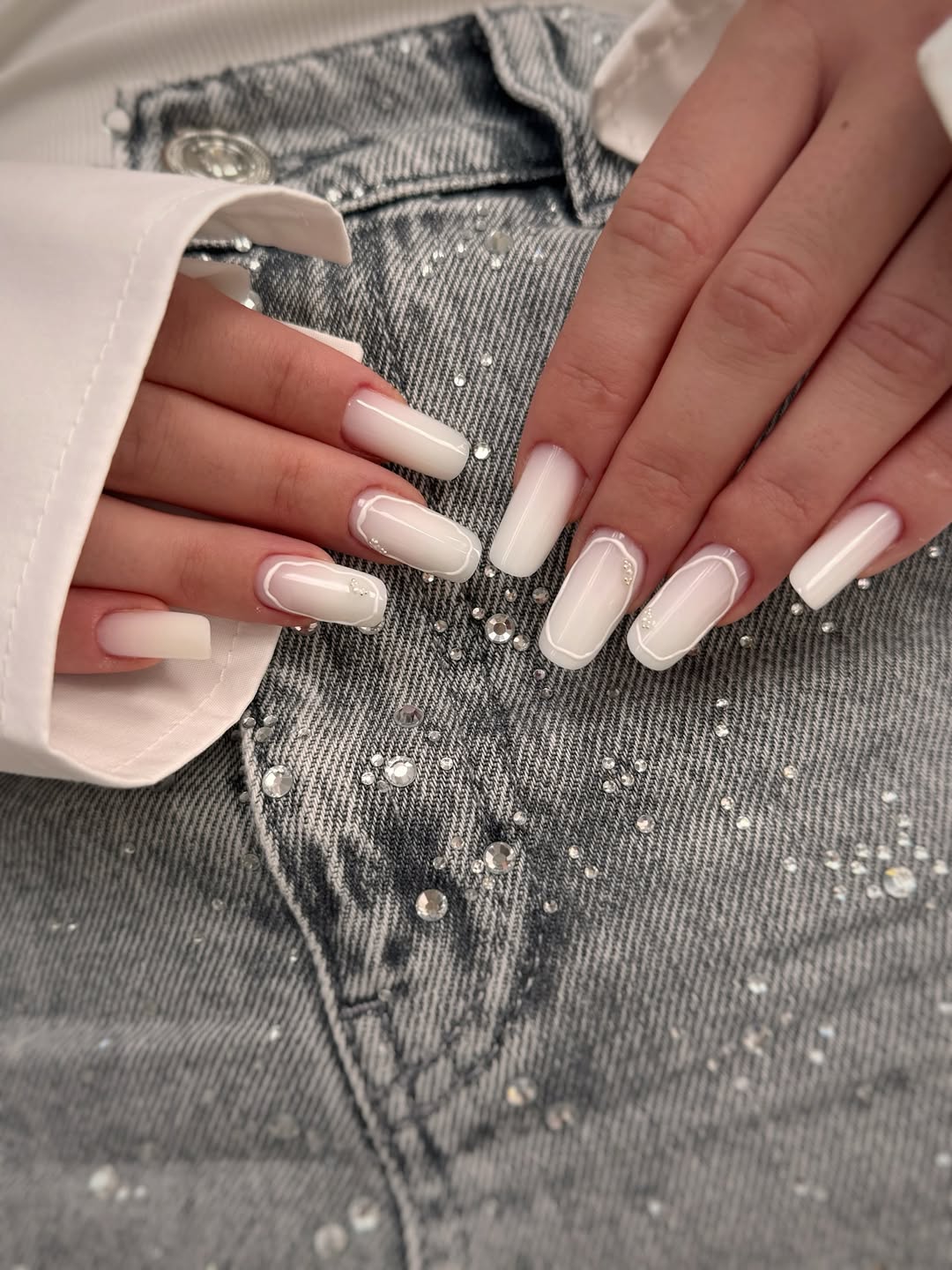 Sheer Milky White French Ombre with Rhinestone Accents