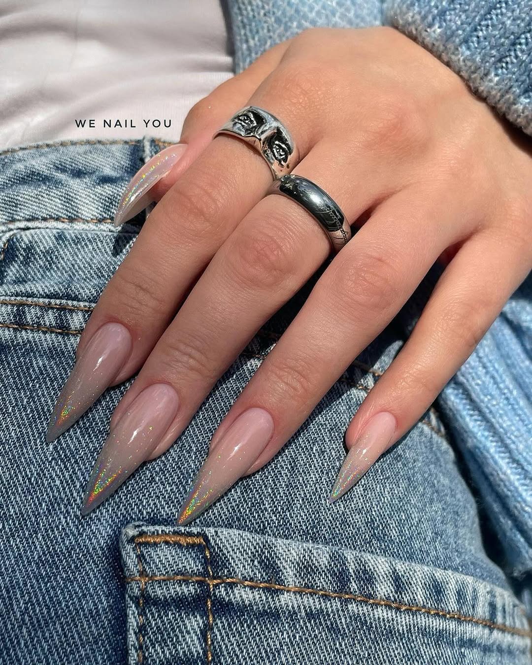 Sheer Nude Stiletto Gradient Glitter Nails