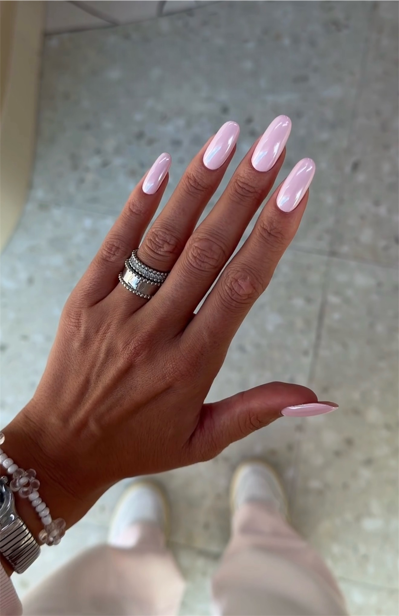 Sheer Pink Pearl Almond Chrome Nails