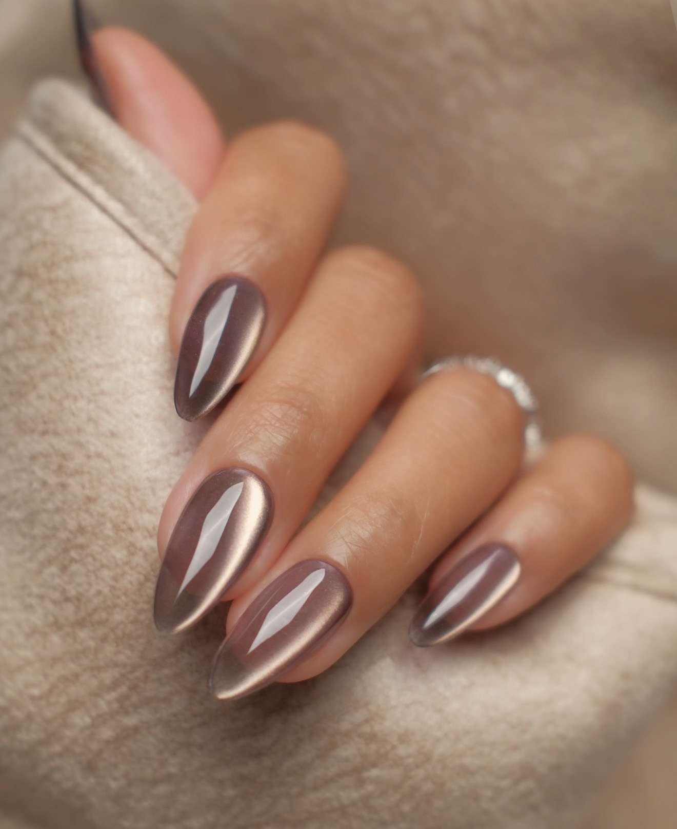 Shimmering Taupe Cat Eye Almond Nails