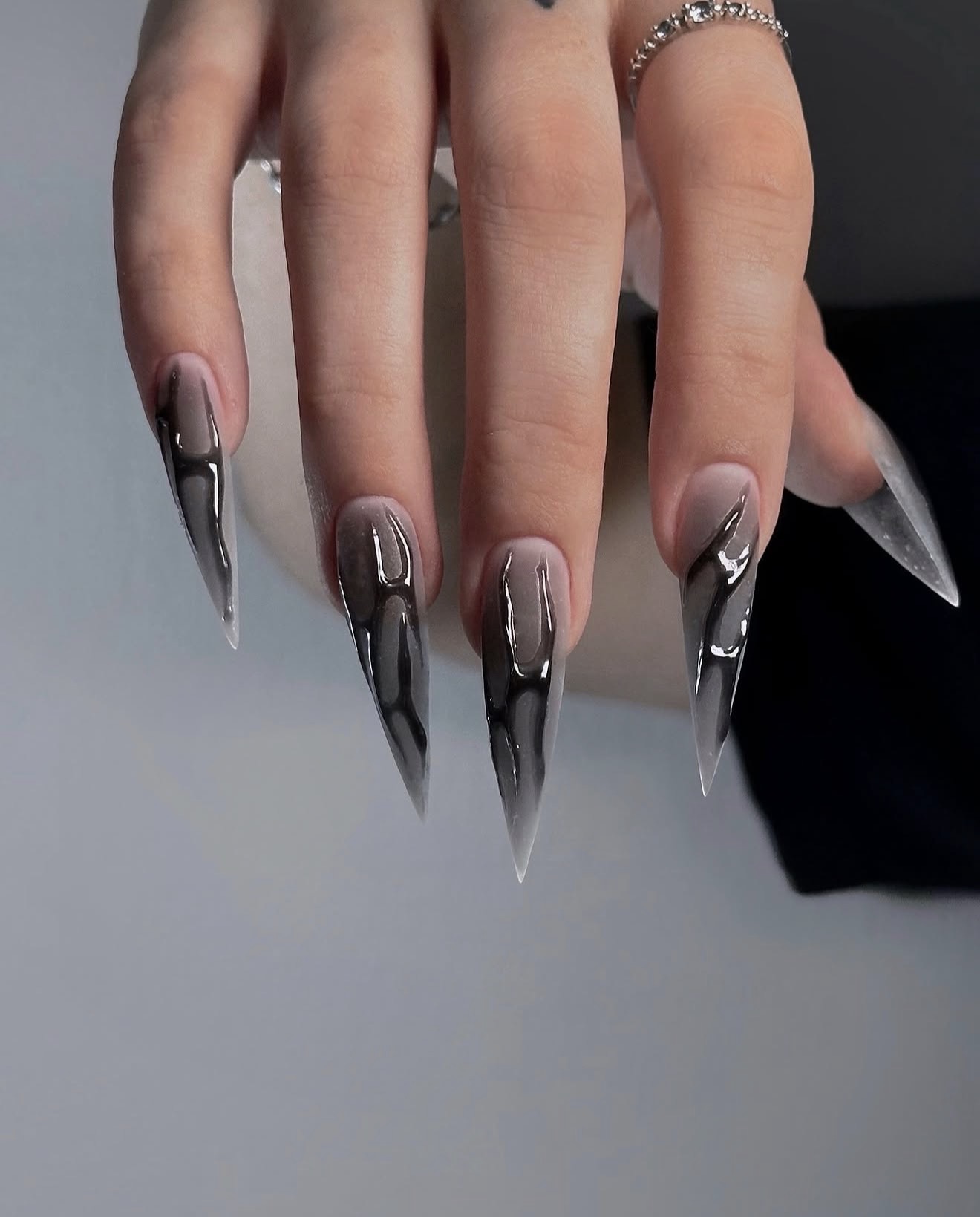Smoky Grey Flame Stiletto Nails