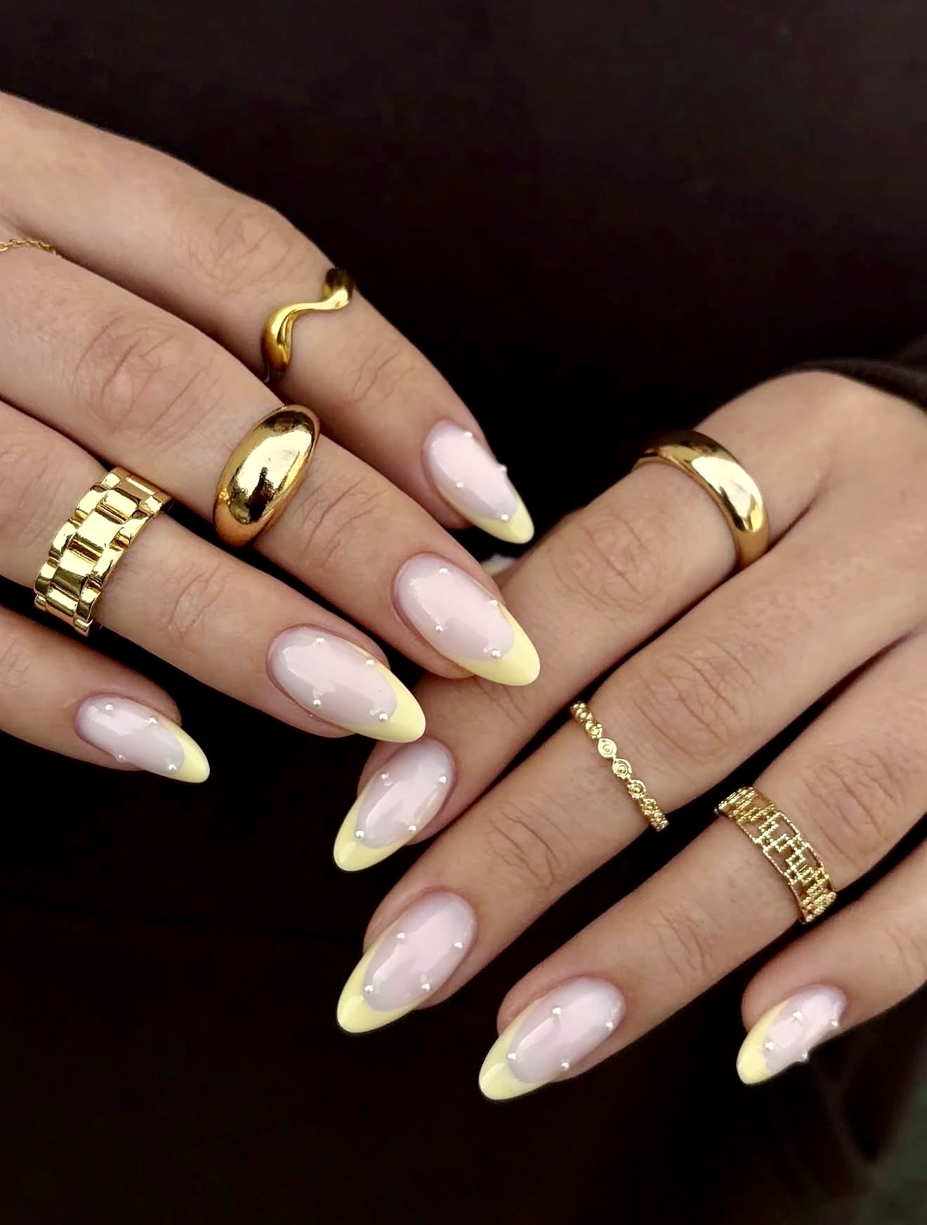 Soft Pastel Yellow French Tip Pearl Accent Nails