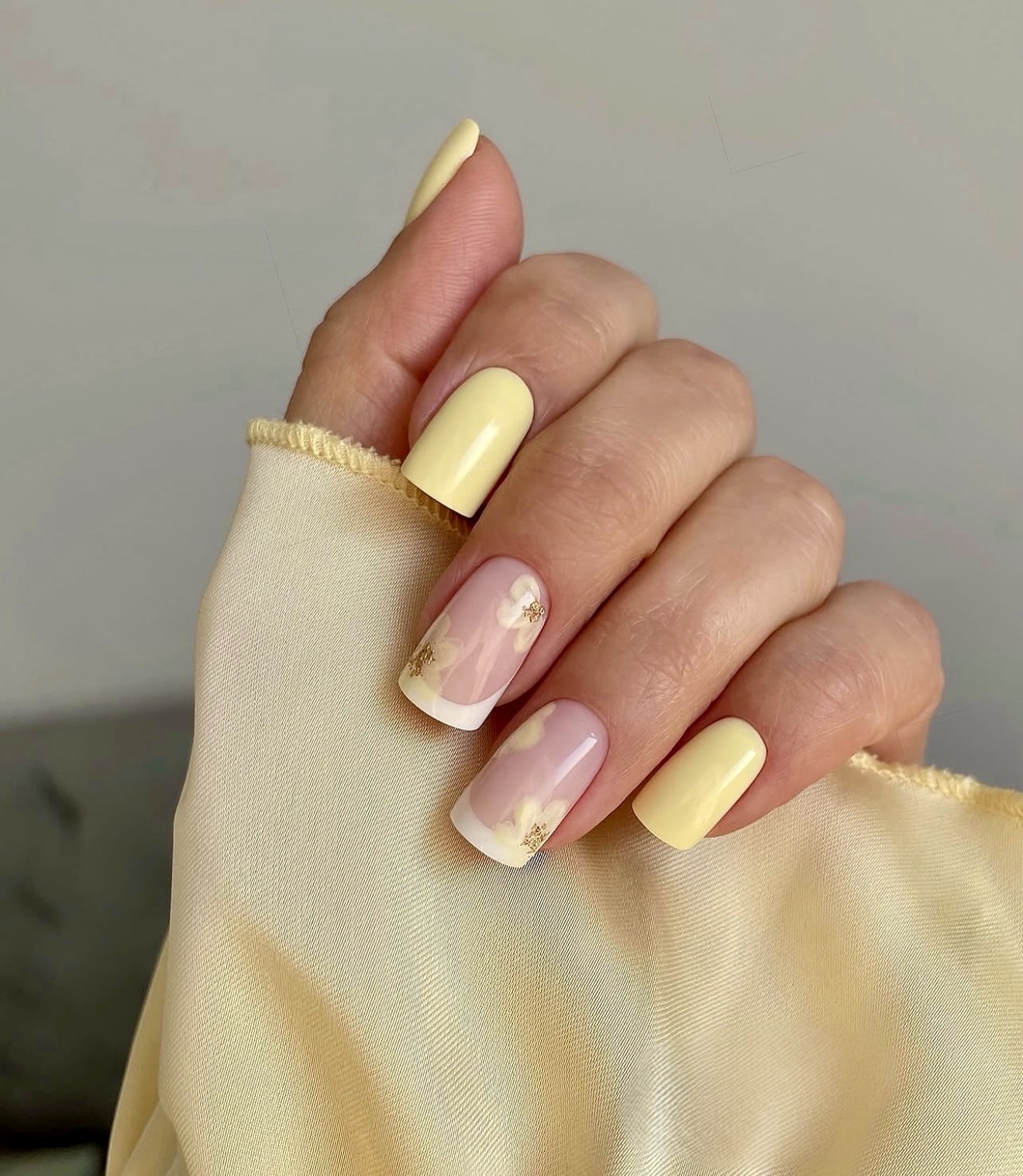 Soft Yellow French Tip Floral Gel Nails